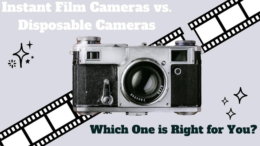A vintage instant film camera on a gray background, surrounded by film strips and text comparing instant and disposable cameras.