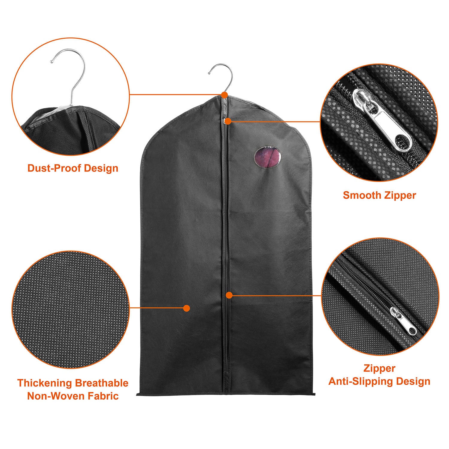 5pcs 39" Garment Bags Hanging Suit Bags Covers Breathable with Full Zipper Transparent Window for Suit Dress Coat Storage Travel Use