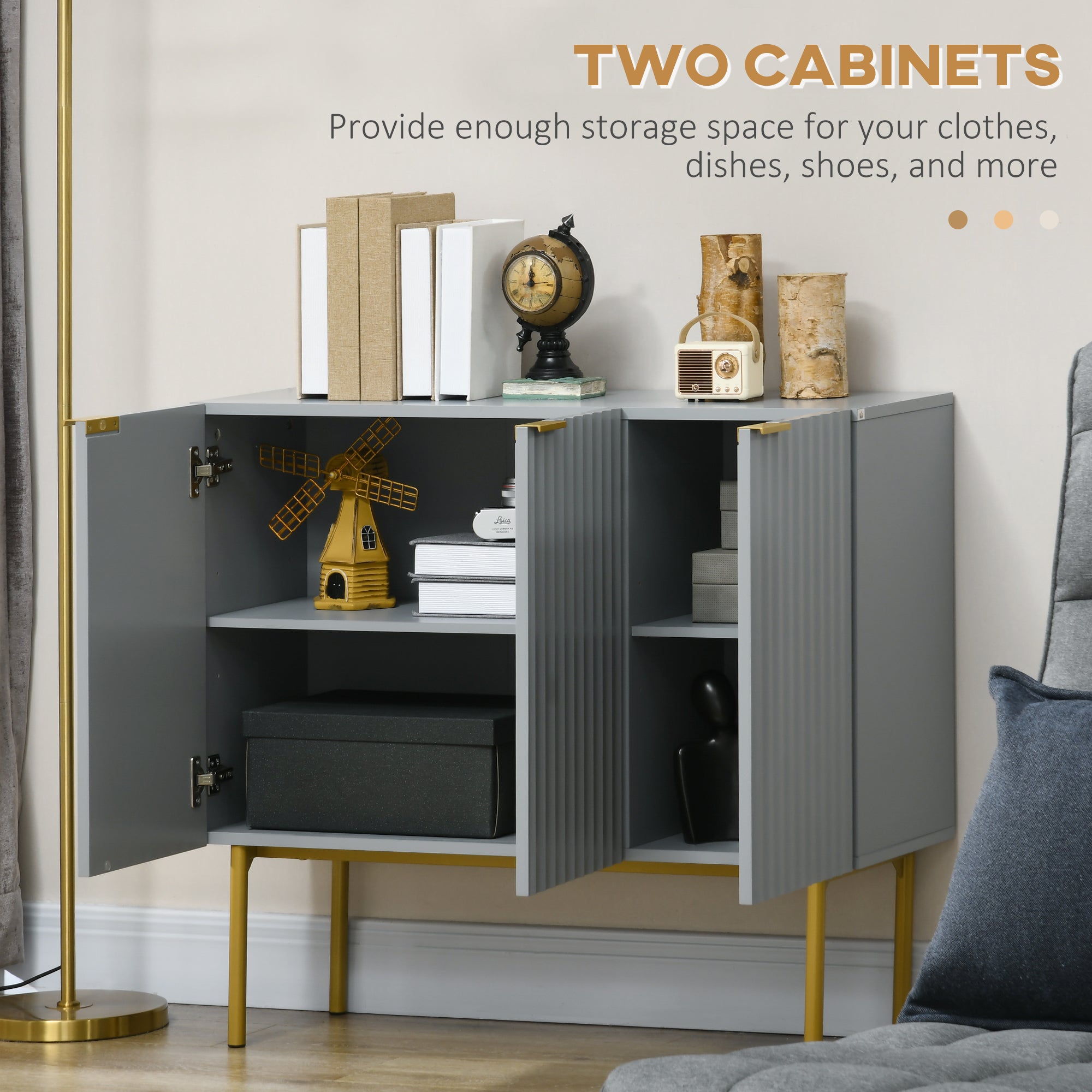 HOMCOM Sophisticated Sideboard: Grey Buffet Cabinet with Gold Legs for Dining Room, Living Room, Hallway Elegance
