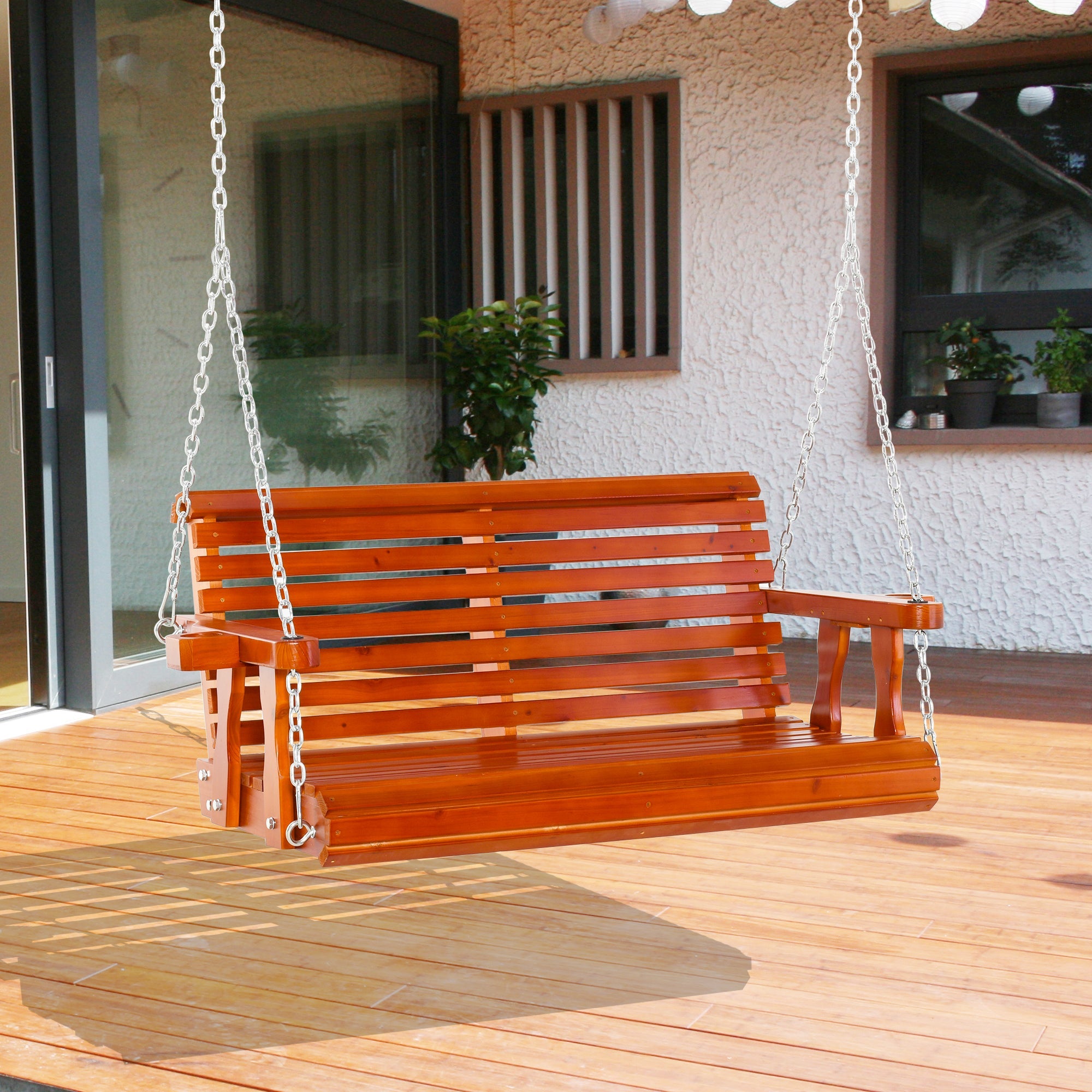 Outsunny Wooden Patio Swing Chair 2 Seater Porch Swing with Cup Holder Chains Outdoor Bench for Garden Yard Brown