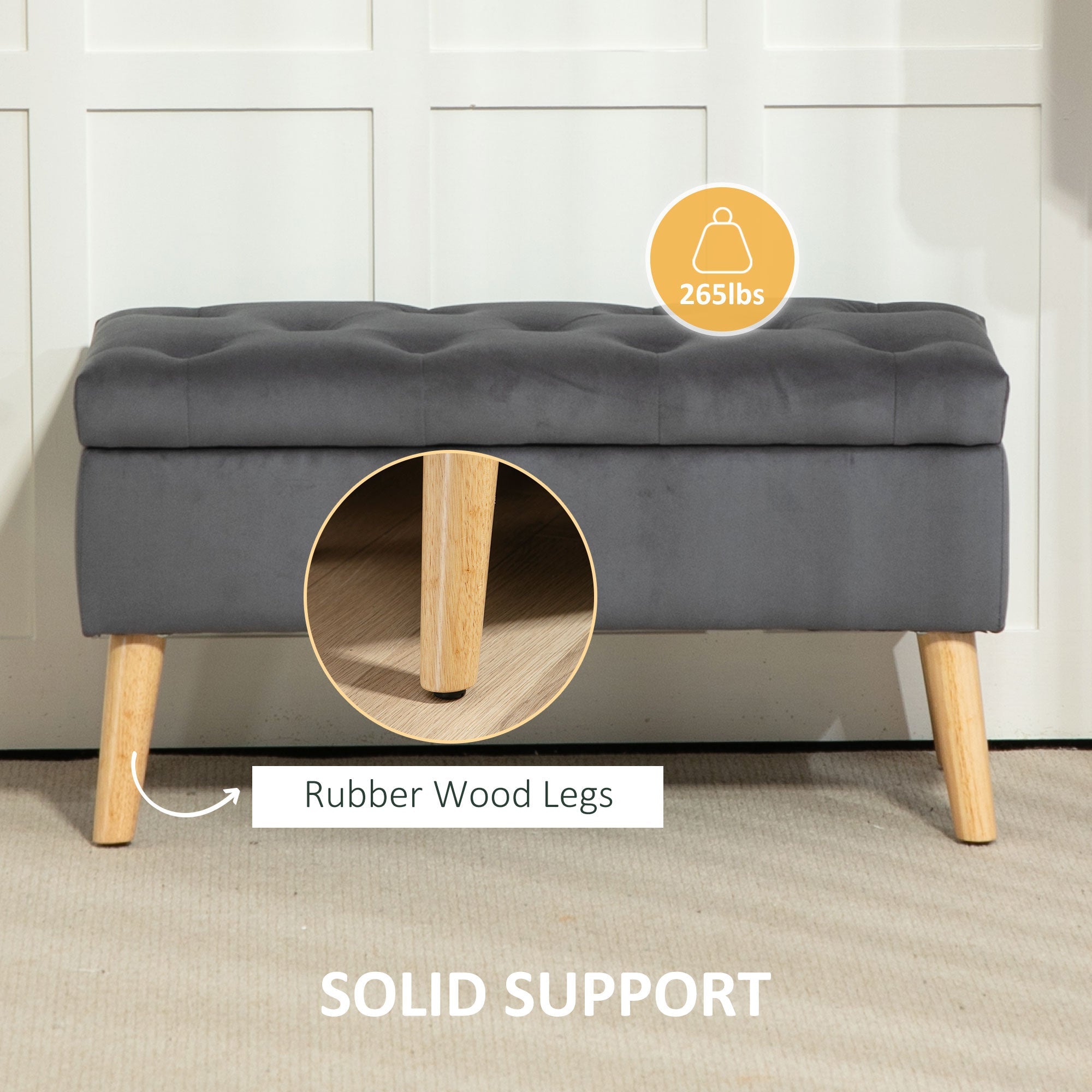 HOMCOM Storage Ottoman with Lid, Velvet Upholstered Storage Bench with Wood Legs for Living Room, Charcoal Grey