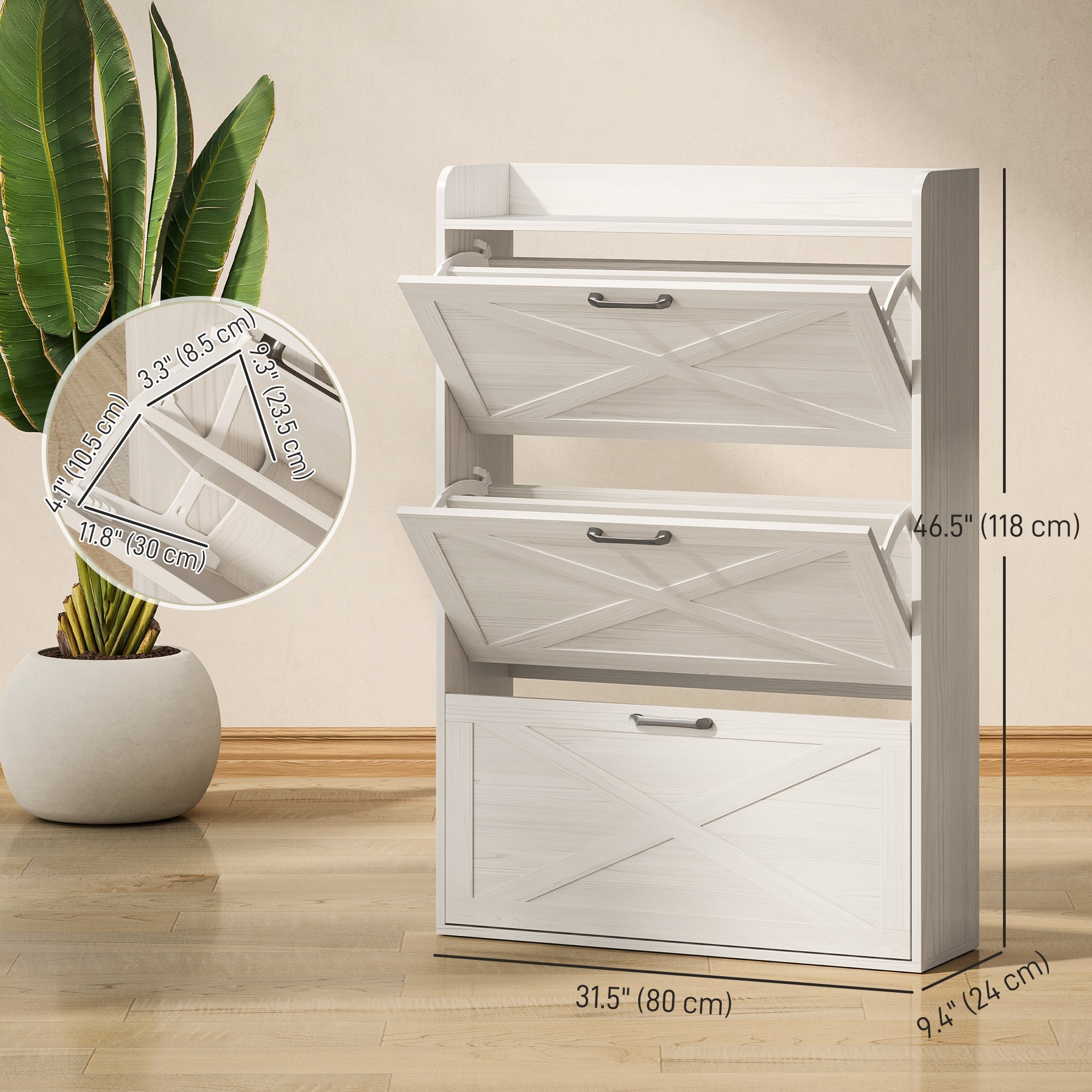 HOMCOM Narrow Shoe Storage Cabinet Farmhouse Shoe Cabinet with 3 Flip Drawers Adjustable Shelves for Entryway White Wood Grain
