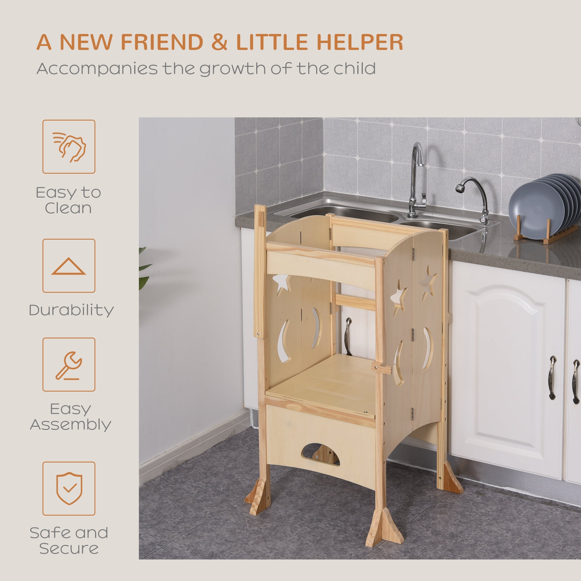 Qaba Step Stool with Support Handles Safety Rail Non-Slip Hardwood Stepping Stool for Kids Toddlers Counter Step Natural