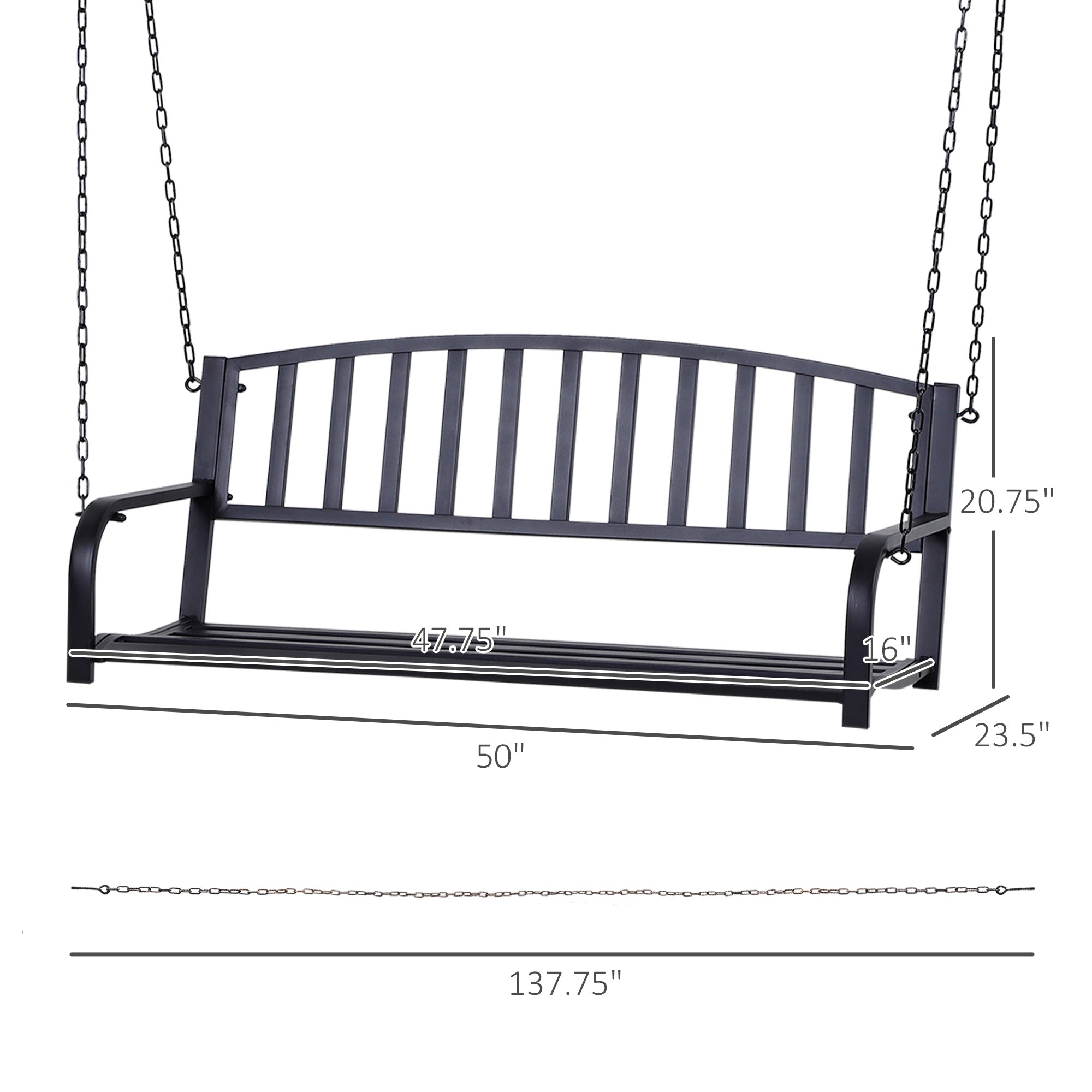 Outsunny 50" Porch Swing Bench Lounger: Outdoor Hanging Glider Chair Steel Frame Black