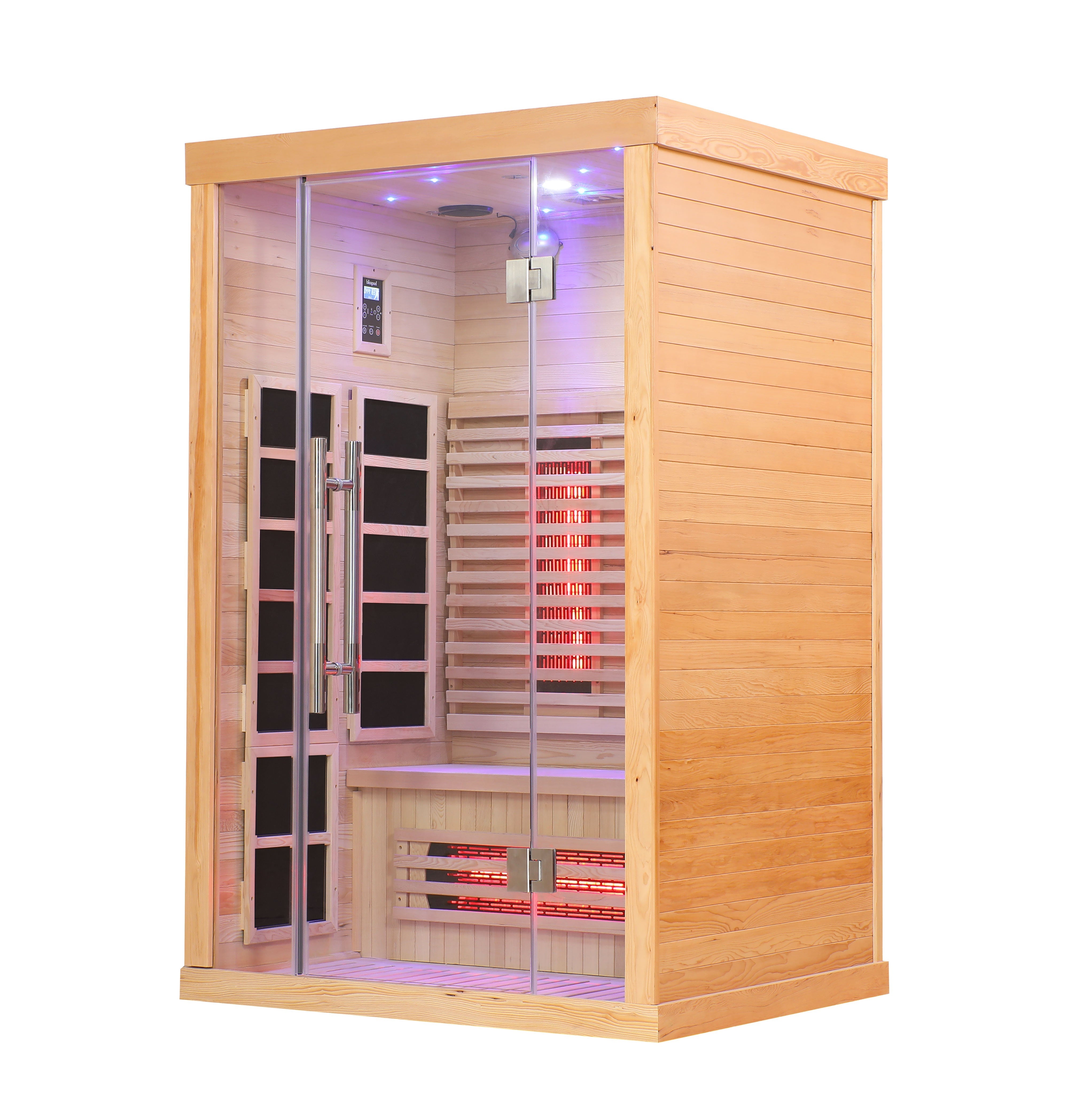 Blisspod Venetian 2-Person Full Spectrum Indoor Premium Canadian Hemlock Low EMF Sauna 10 Heaters Chromotherapy Reflexology