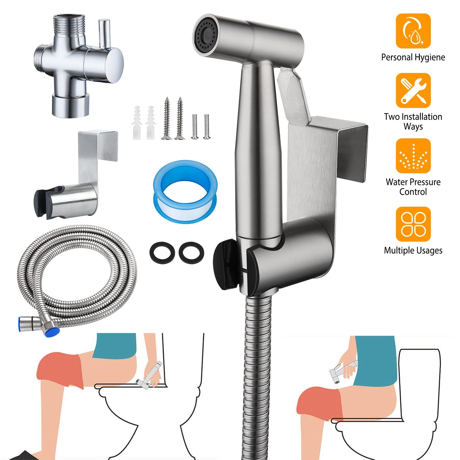 Handheld Bidet Sprayer Stainless Steel Bathroom Shower Toilet Bidet Sprayer Baby Cloth Diaper Sprayer Kit w/ Hose Brass Valve For Personal Hygiene Toi