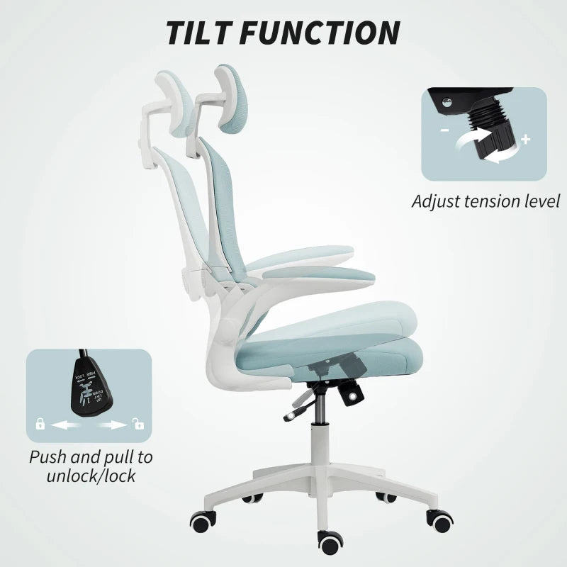Ergonomic Mesh Office Chair, High Back Desk Chair with Rotatable Headrest, Flip-Up Armrests, Lumbar Support, Light Green