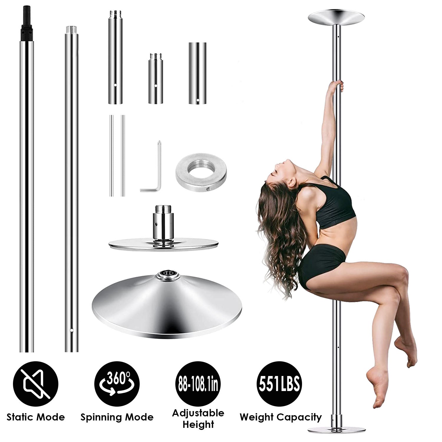 Stripper Dance Pole 45mm Spinning Static Dancing Pole with 88-108.1in Adjustable Height 551LBS Weight Capacity for Fitness Exercise Party Home Club Gy