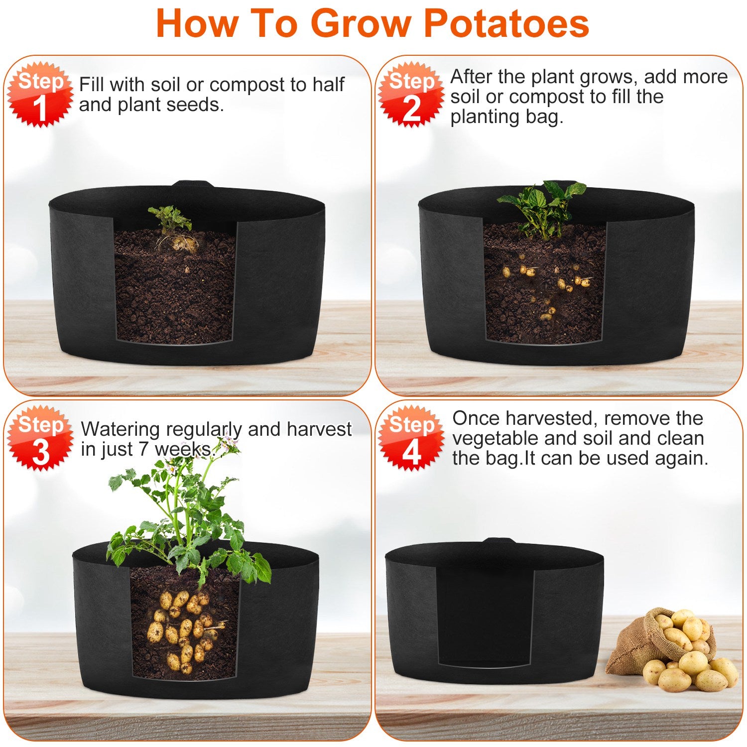 3 Pack Plant Grow Bags Potato Vegetable Planter Bags Breathable Planting Fabric Pots 15Gallons