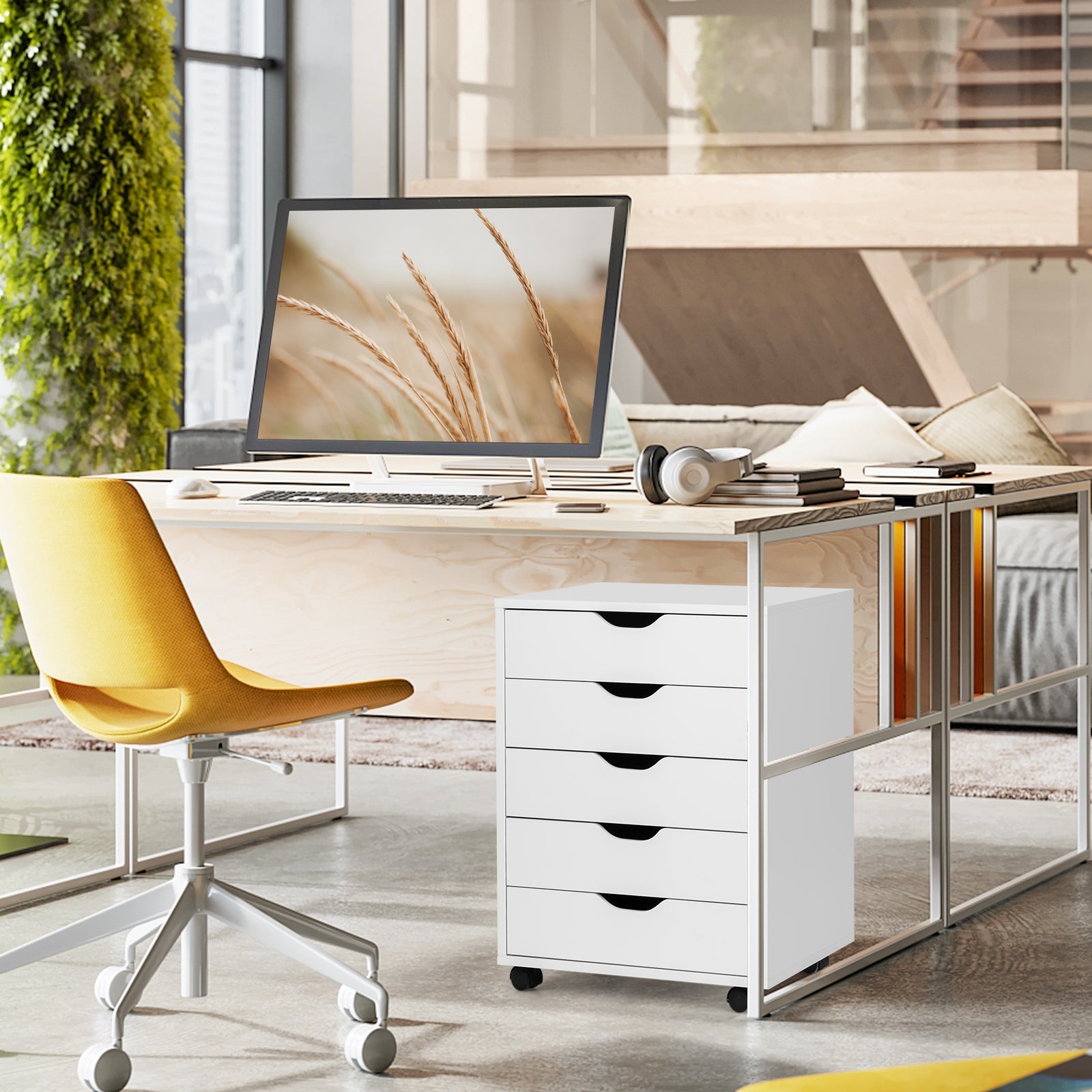 5 Drawer Mobile Lateral Filing Storage Home Office Floor Cabinet with Wheels-WhiteÂ