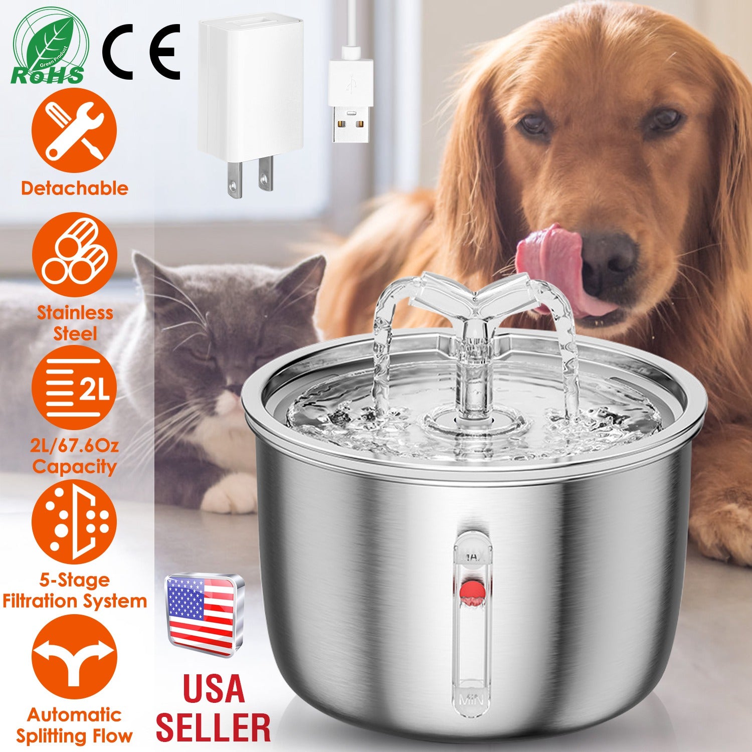 2L/67.6Oz Automatic Electric Pet Water Fountain Stainless Steel Pet Drinking Fountain Cat Dog Water Dispenser with Water Level Ultra-quiet Pump