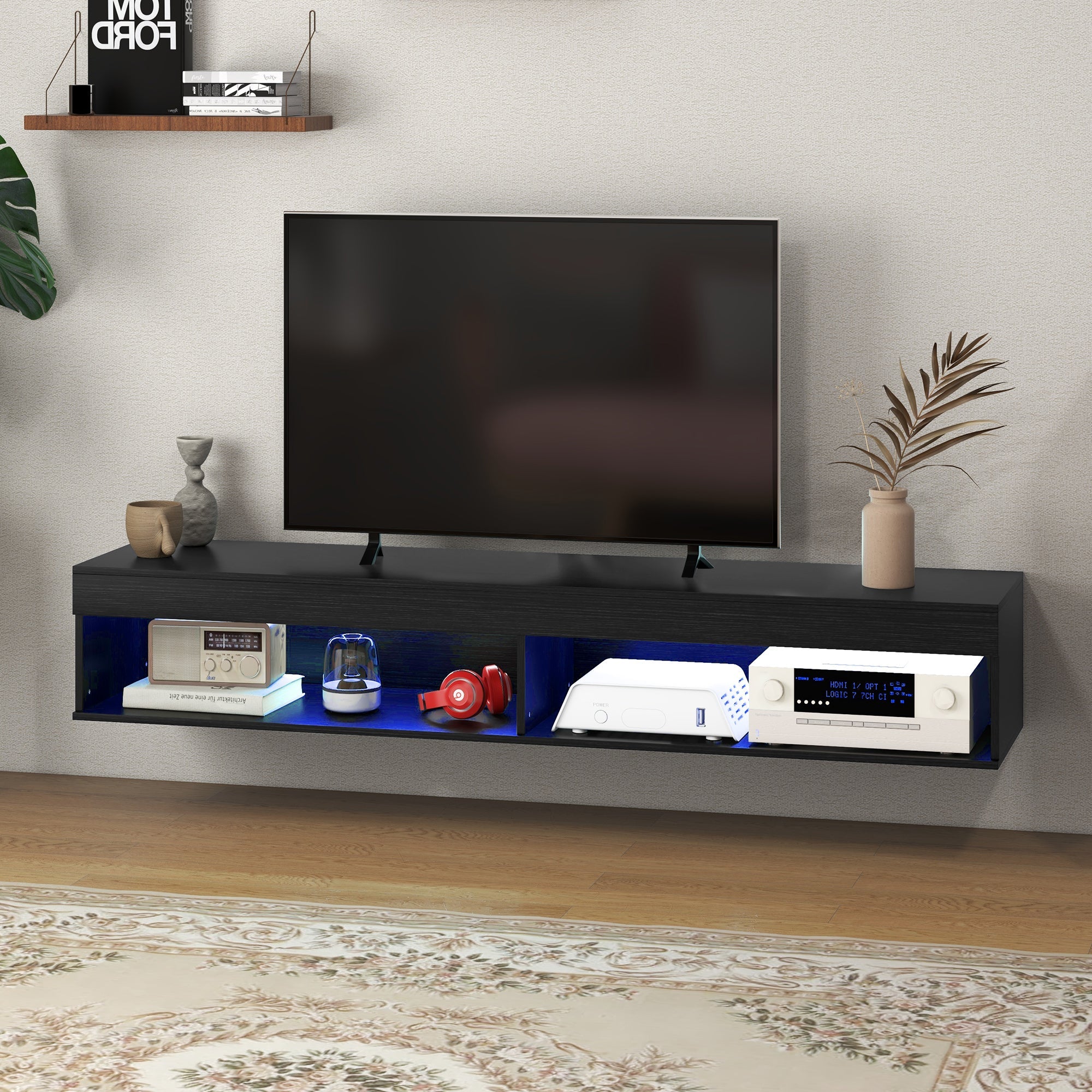 HOMCOM Modern Wall Mounted Floating TV Stand with Storage LED Lights for TVs up to 75" TV Shelf Living Room Black