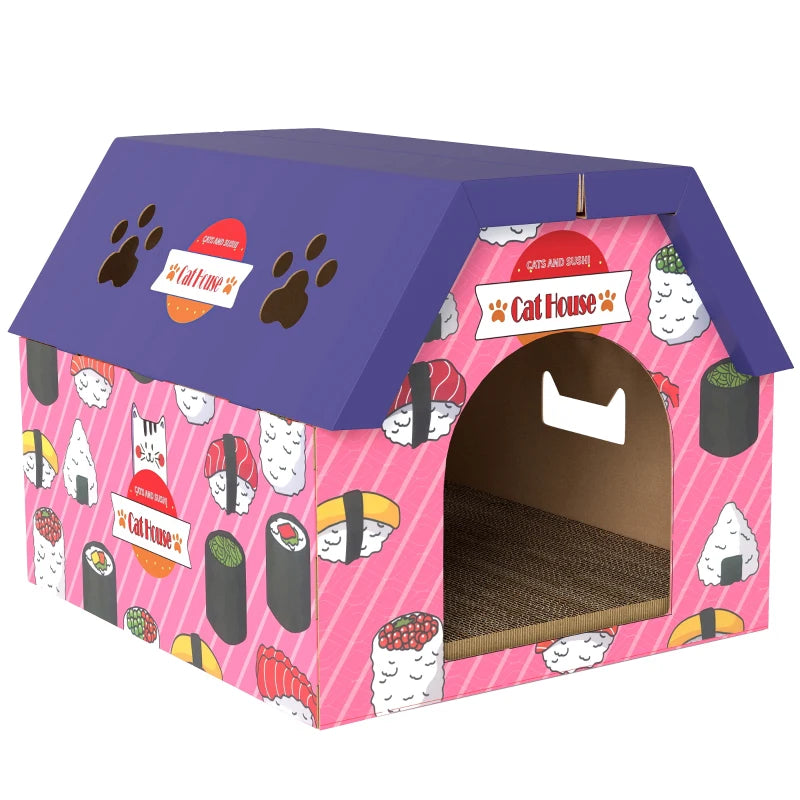 Cat Scratcher House, 2-in-1 Cardboard Cat Scratching Pad with Door, 4 Paw-Shaped Vents and Grass for Indoor, Pink