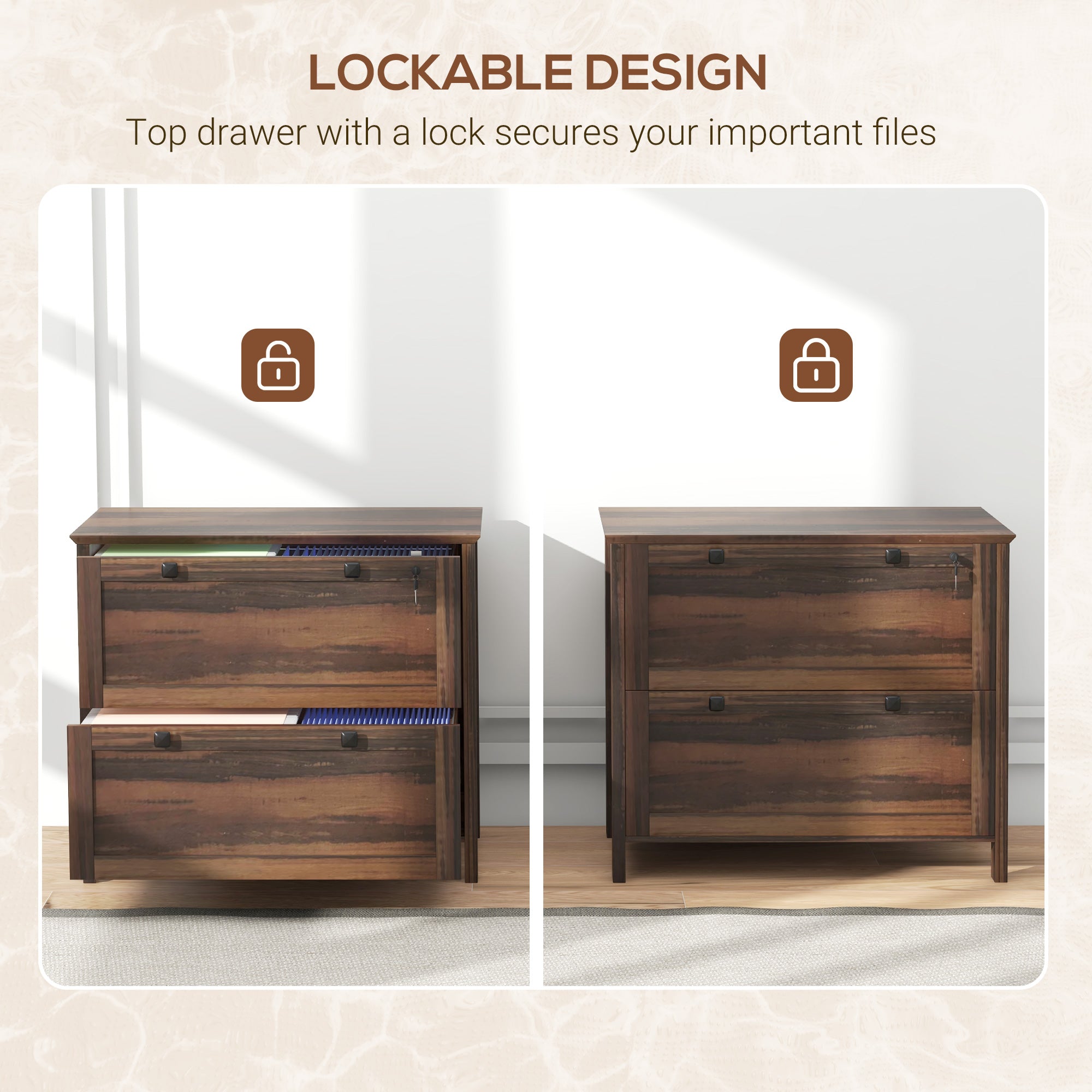 HOMCOM 2 Drawer File Cabinet, Lockable Filing Cabinet with Adjustable Hanging Bar for Letter, A4 and Legal Size, Brown