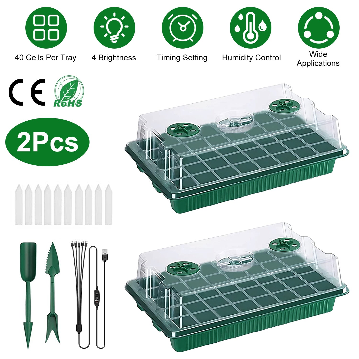 2Pcs 40 Cells Seed Starter Tray Plant Grow Light with 4 Adjustable Brightness Automatic Timing Setting Humidity Dome Plant Germination Garden