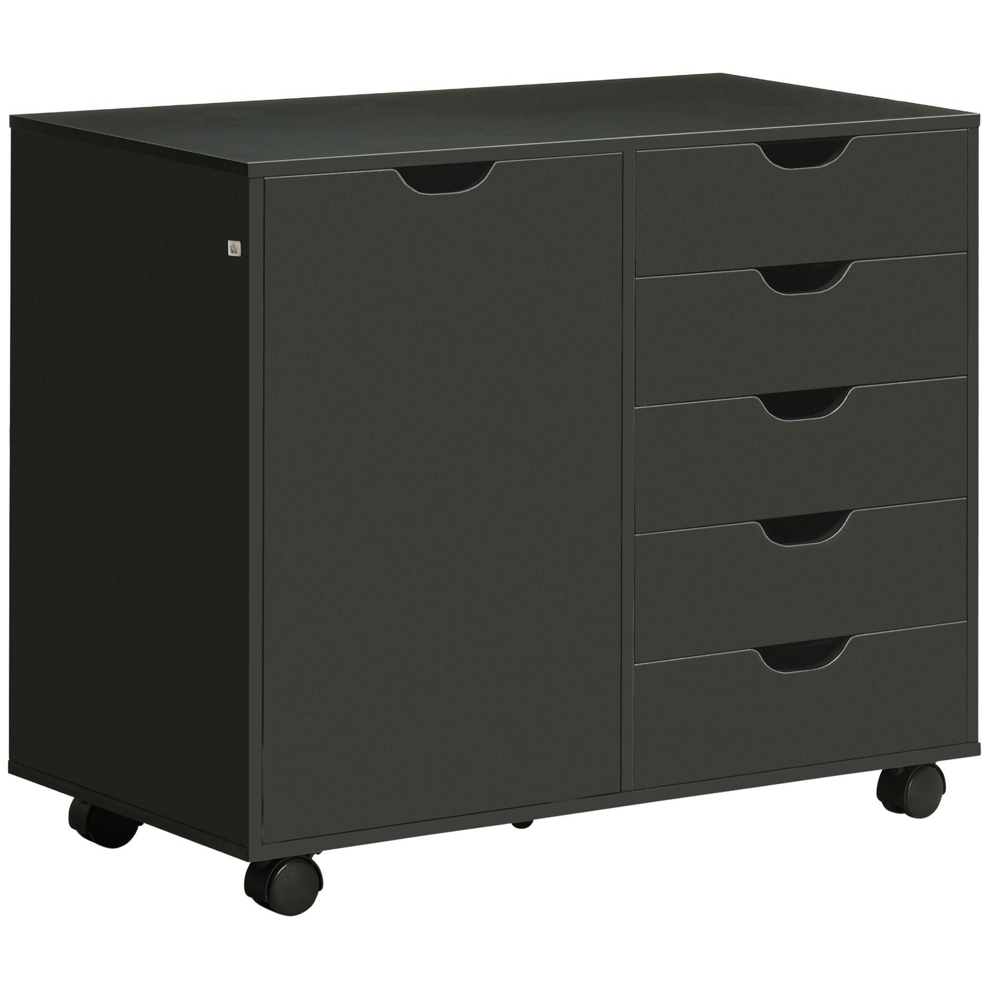 HOMCOM Modern Mobile 5-Drawer Chest with Door, Storage Cabinet, Dresser on Wheels, Printer Stand for Home Office, Black