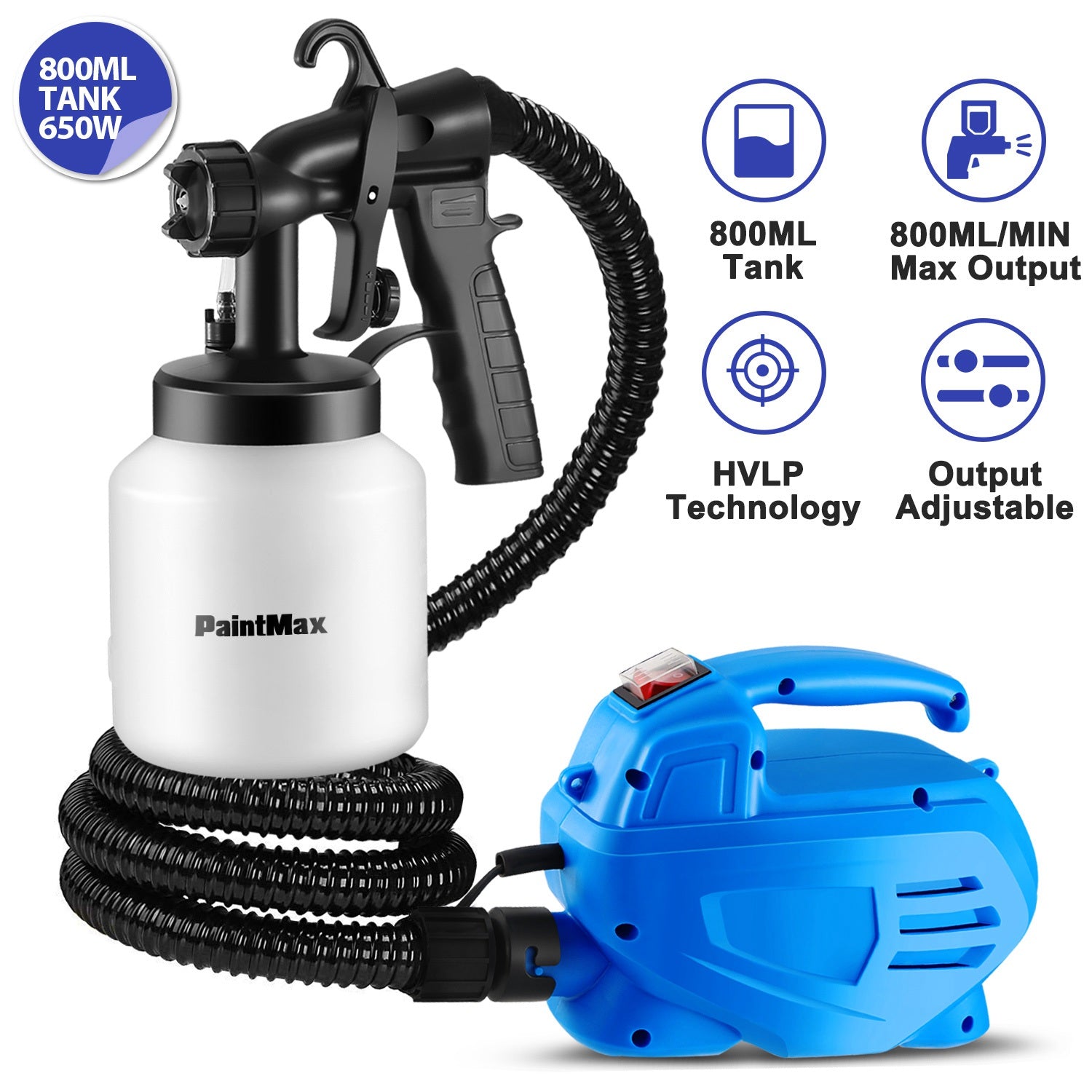 800ML Paint Spray Painter 650W Paint Sprayer Machine 800ML/Min Output HVLP Oil Primer Water Sprayer w/ 3 Spraying Patterns Motor Strap Detachable Cont