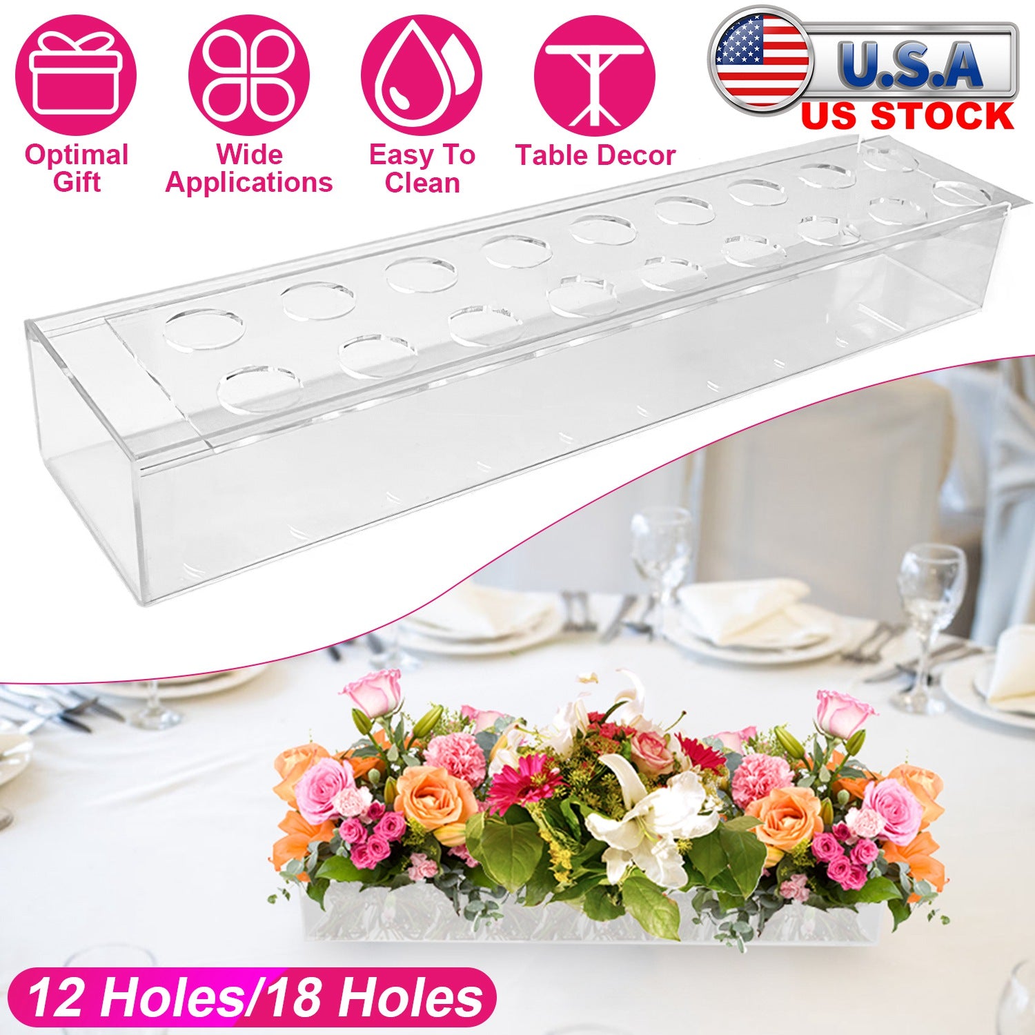 Clear Acrylic Flower Vase Rectangular Floral Centerpiece for Table Decoration Modern Flower Holder for Mother’s Day Valentine’s Day Wedding Party 18 H