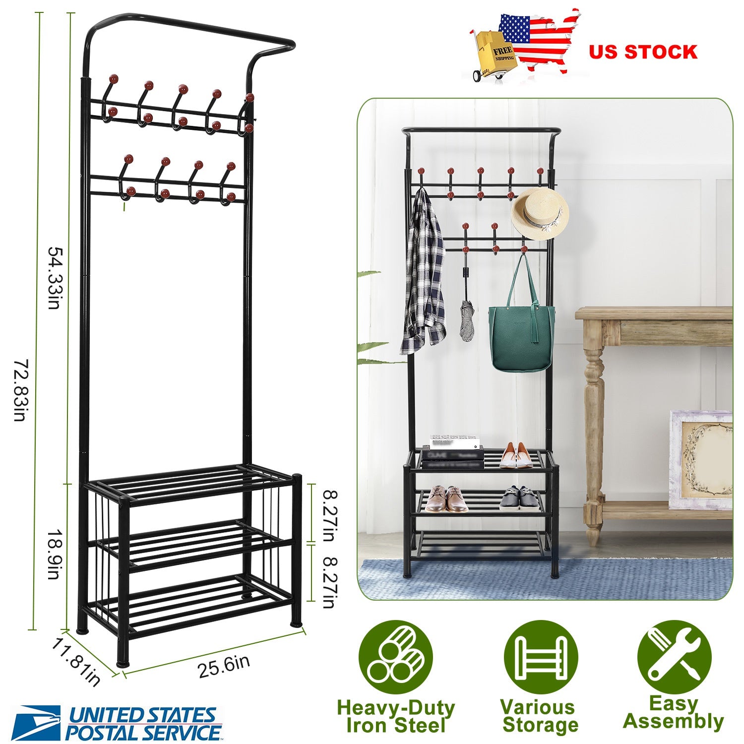 Metal Entryway Coat Shoe Rack Hall Tree w/ 3-Tier Shoe Bench Shoe Storage 18 Hooks Coat Hat Rack