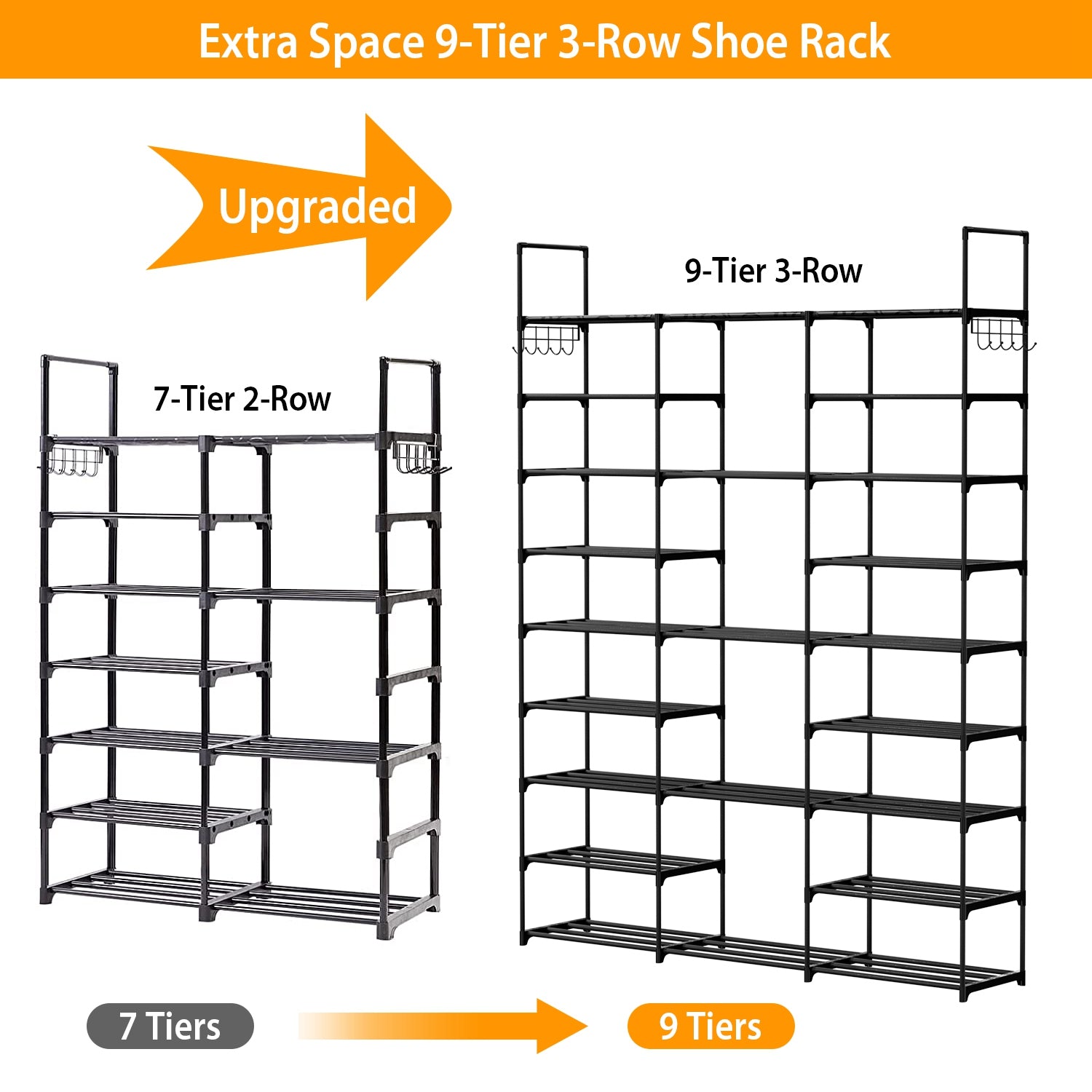 9 Tiers Shoe Rack Metal Shoe Storage Shelf Free Standing Large Shoe Stand 50-55 Pairs Shoe Tower Unit Tall Shoe Organizer with 2 Hooks for Entryway Cl