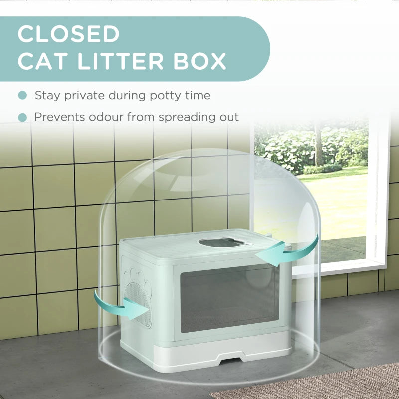 Cat Litter Box, Front Enter & Top Exit Cat Litter Tray with Scoop, Pull-out Tray, Easy to Clean, Green