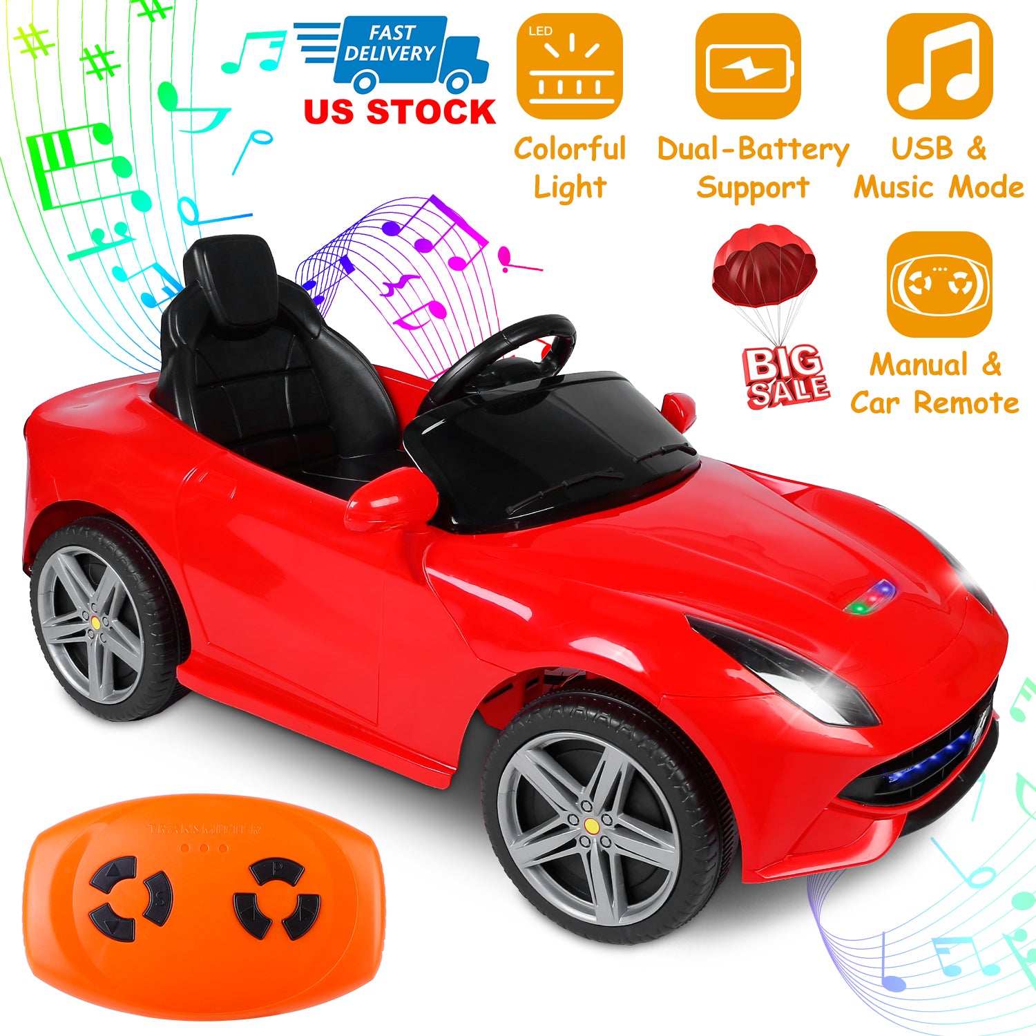 Kids Electric Ride On Car with Parental Remote Control Early Education Music Car Lights Connection Sound Button 3 Speeds