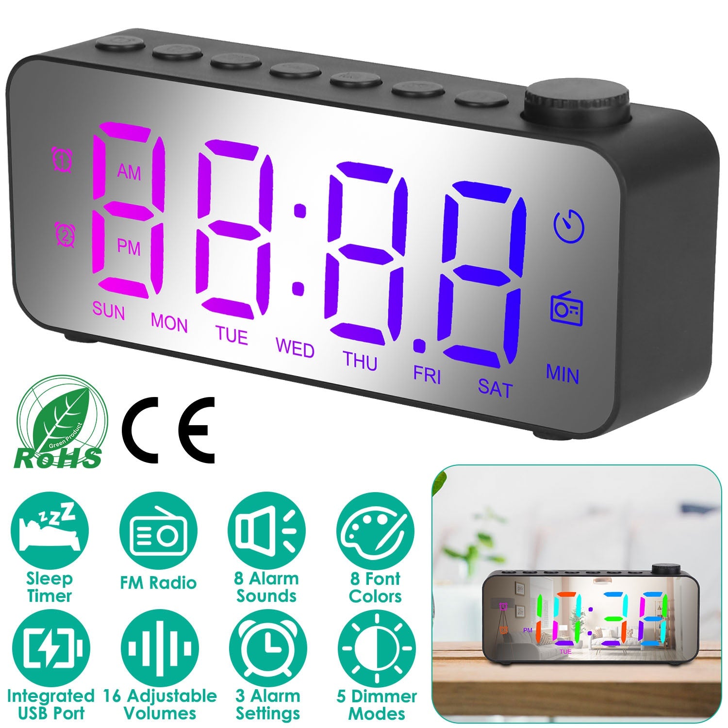 RGB Color LED Digital Alarm Clock Electric Alarm Clock with 8 Alarm Sounds 8 Font Colors 16 Adjustable Volumes 5 Dimmer Modes 3 Alarm Settings Mirror