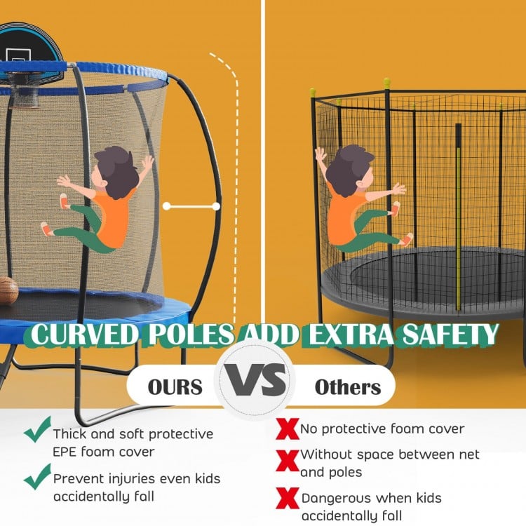 8/10/12 Feet Recreational Trampoline with Basketball Hoop Safety Enclosure Net Ladder
