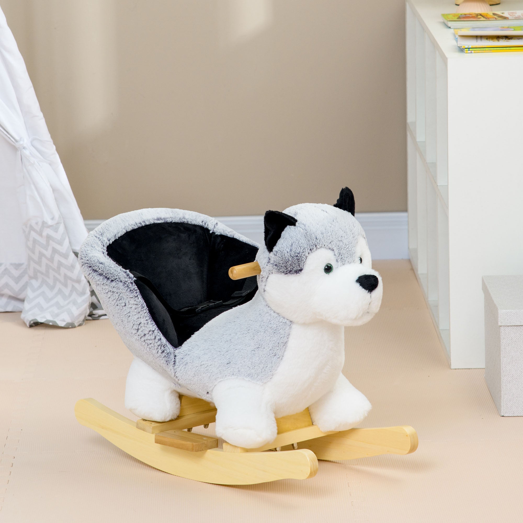 Qaba Husky Rocking Horse for Kids - Plush Ride-On Toy with Realistic Sounds & Seat Belt, 18-36 Months, Grey