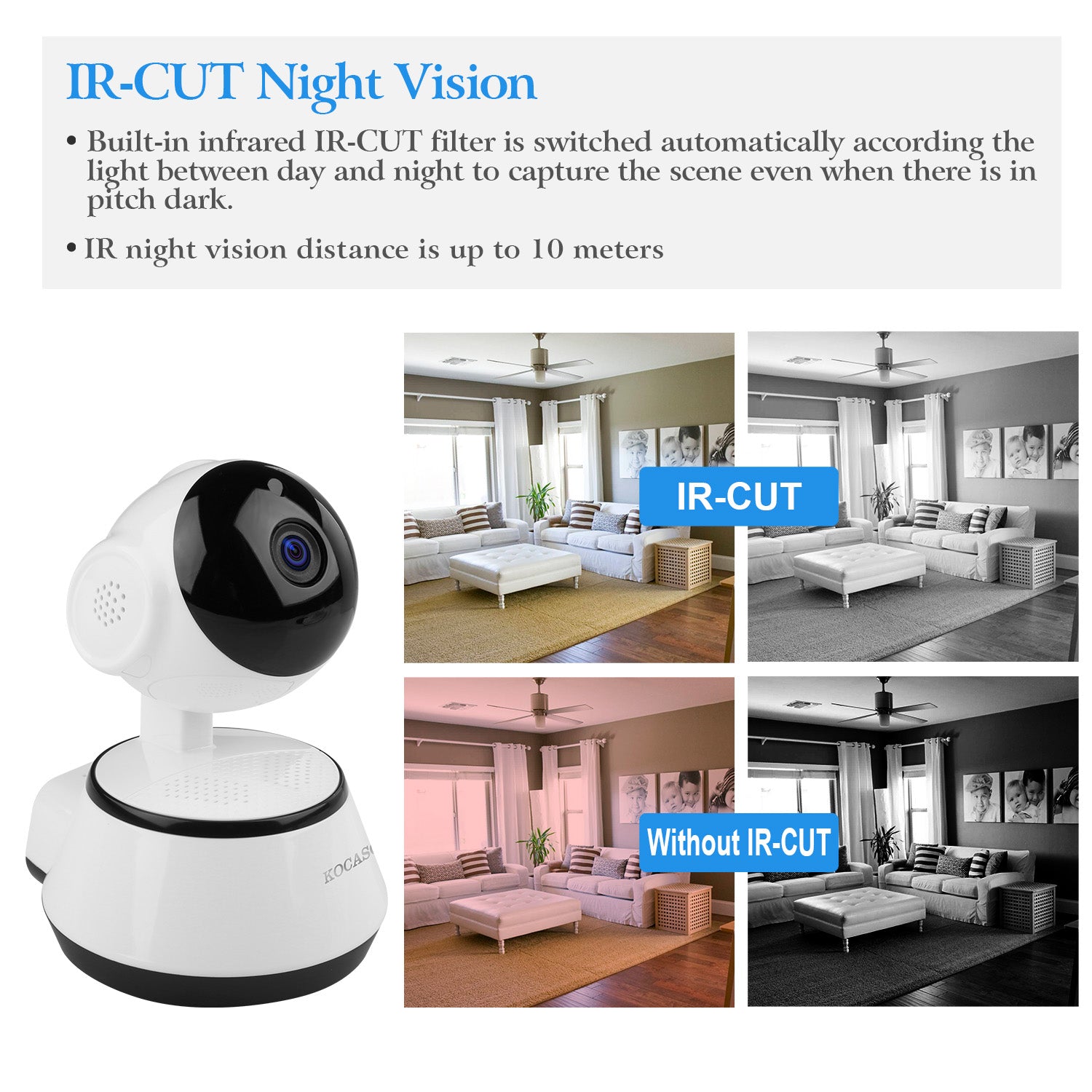 KOCASO 720P WiFi IP Camera Motion Detection IR Night Vision Indoor 360° Coverage Security Surveillance App Cloud Available