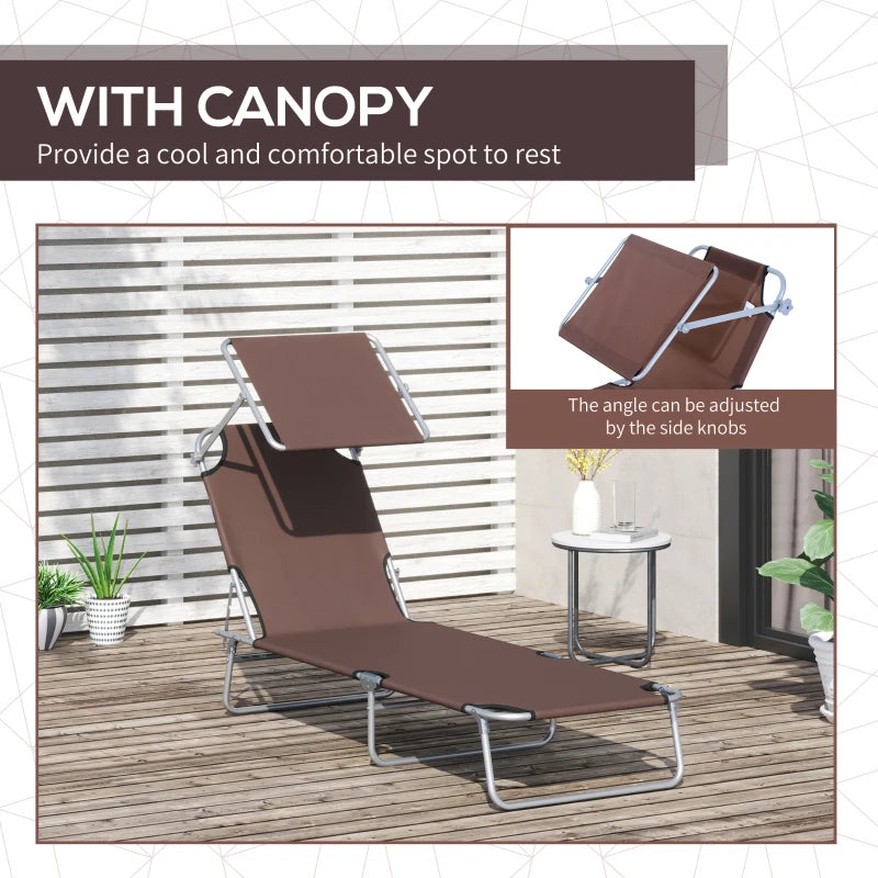 Outdoor Lounge Chair, Adjustable Folding Chaise Lounge, Tanning Chair with Sun Shade for Beach, Camping, Hiking, Backyard, Brown