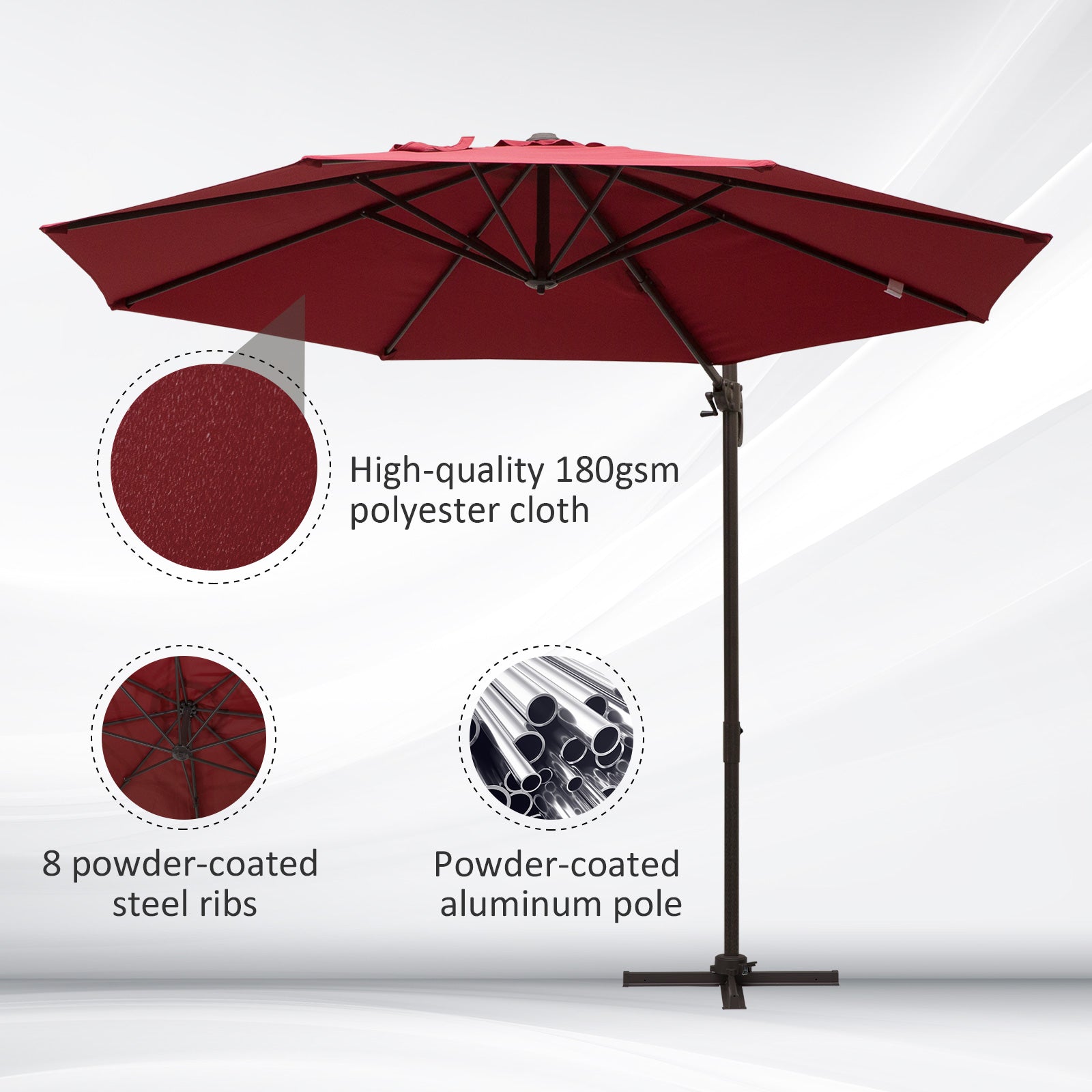 Outsunny 10ft Cantilever Patio Umbrella with 360° Rotation, Crank & Cross Base for Garden Deck Pool Backyard, Wine Red