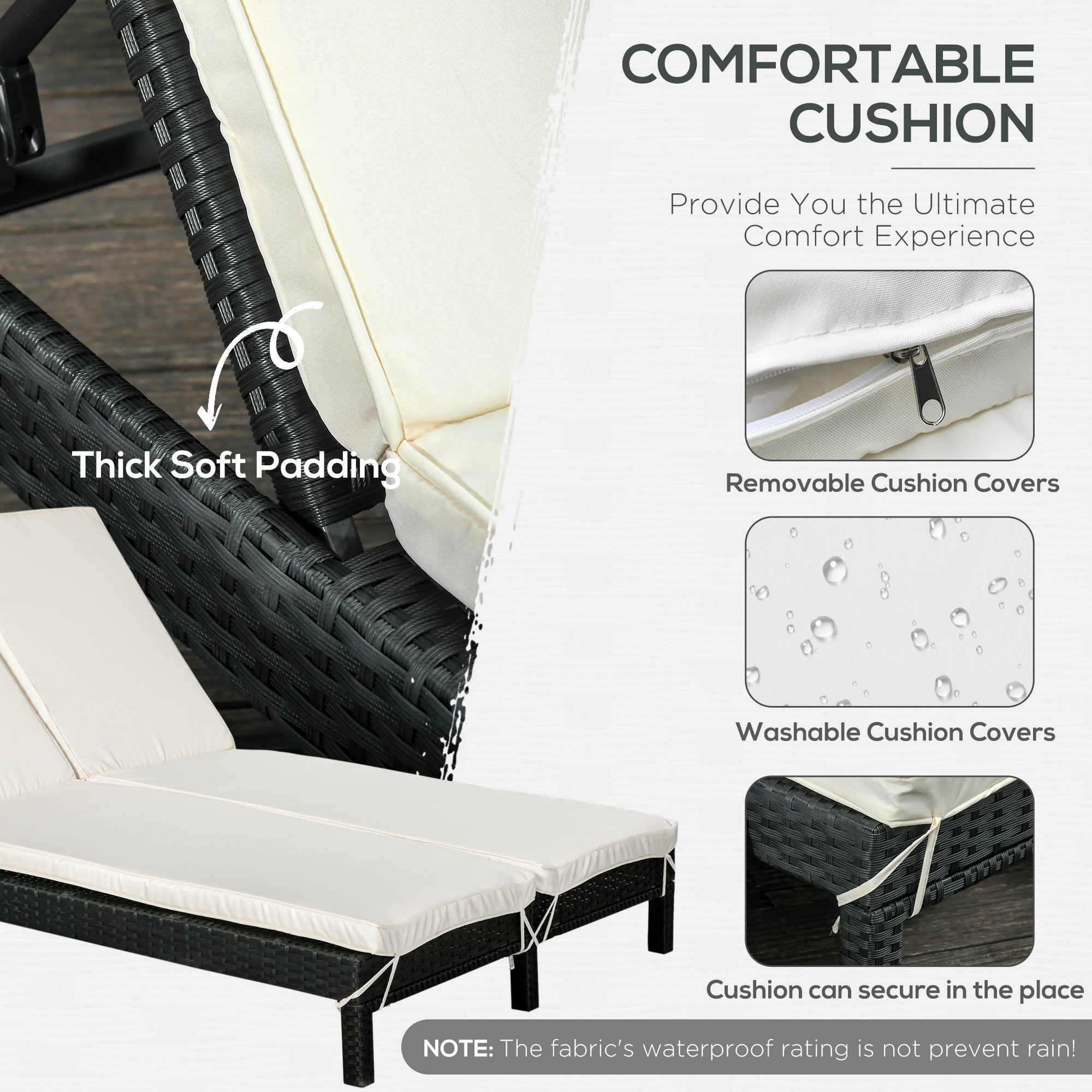 Outsunny Wicker Double Chaise Lounger Chair Outdoor Recliner 2 Person Rattan Patio Reclining Sunbed Furniture, Black, Cream White