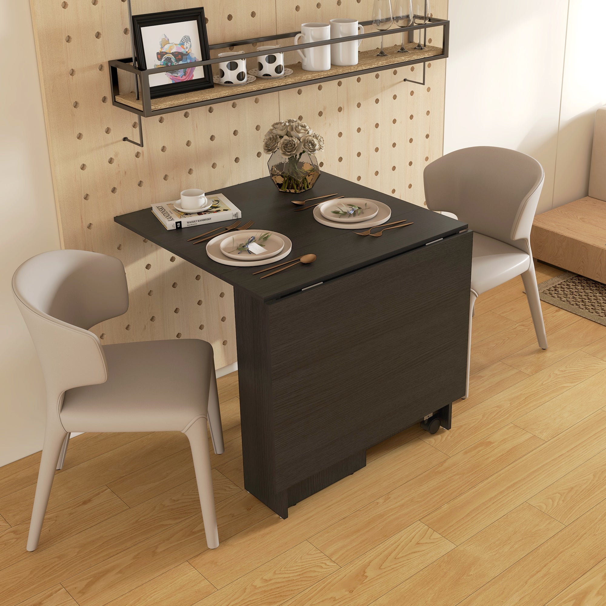 HOMCOM Foldable Dining Table with Storage Shelves Drop Leaf Rolling Wheel for Small Spaces
