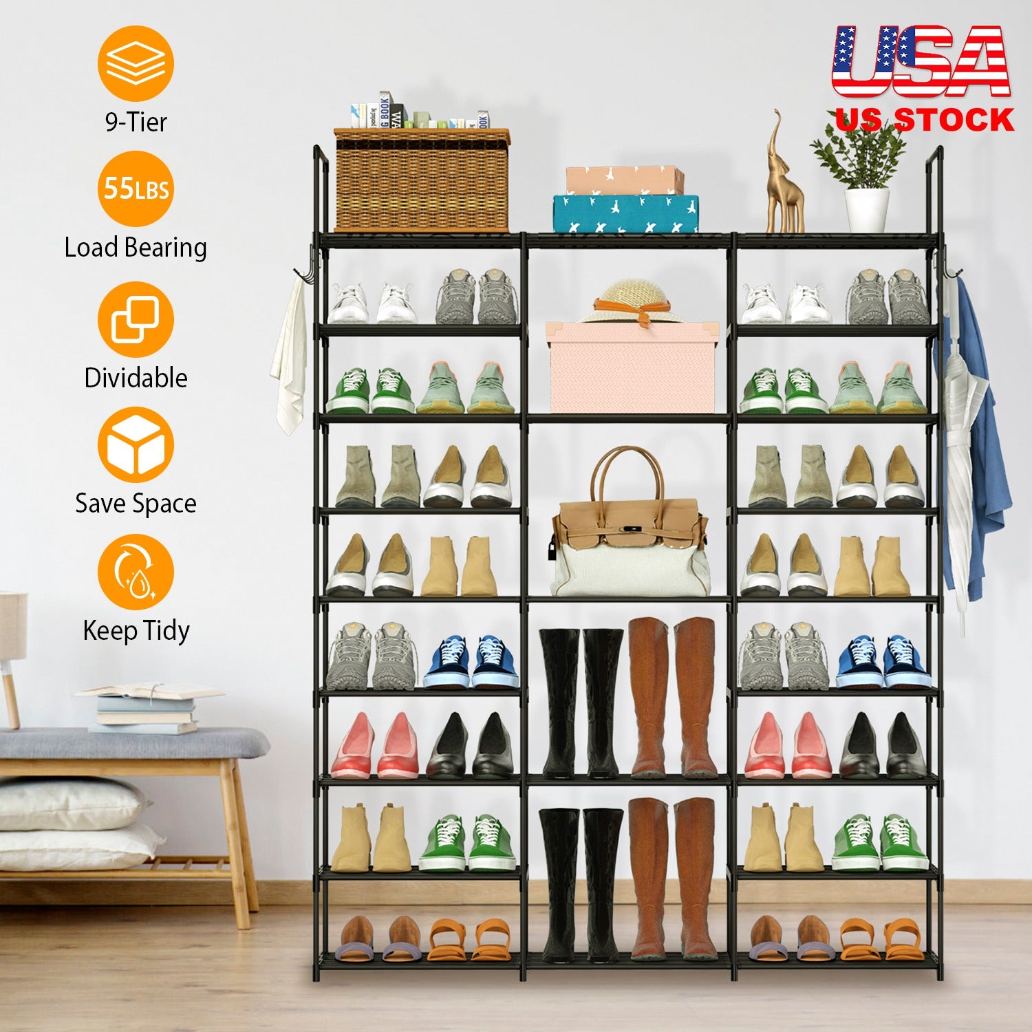 9 Tiers Shoe Rack Metal Shoe Storage Shelf Free Standing Large Shoe Stand 50-55 Pairs Shoe Tower Unit Tall Shoe Organizer with 2 Hooks for Entryway Cl