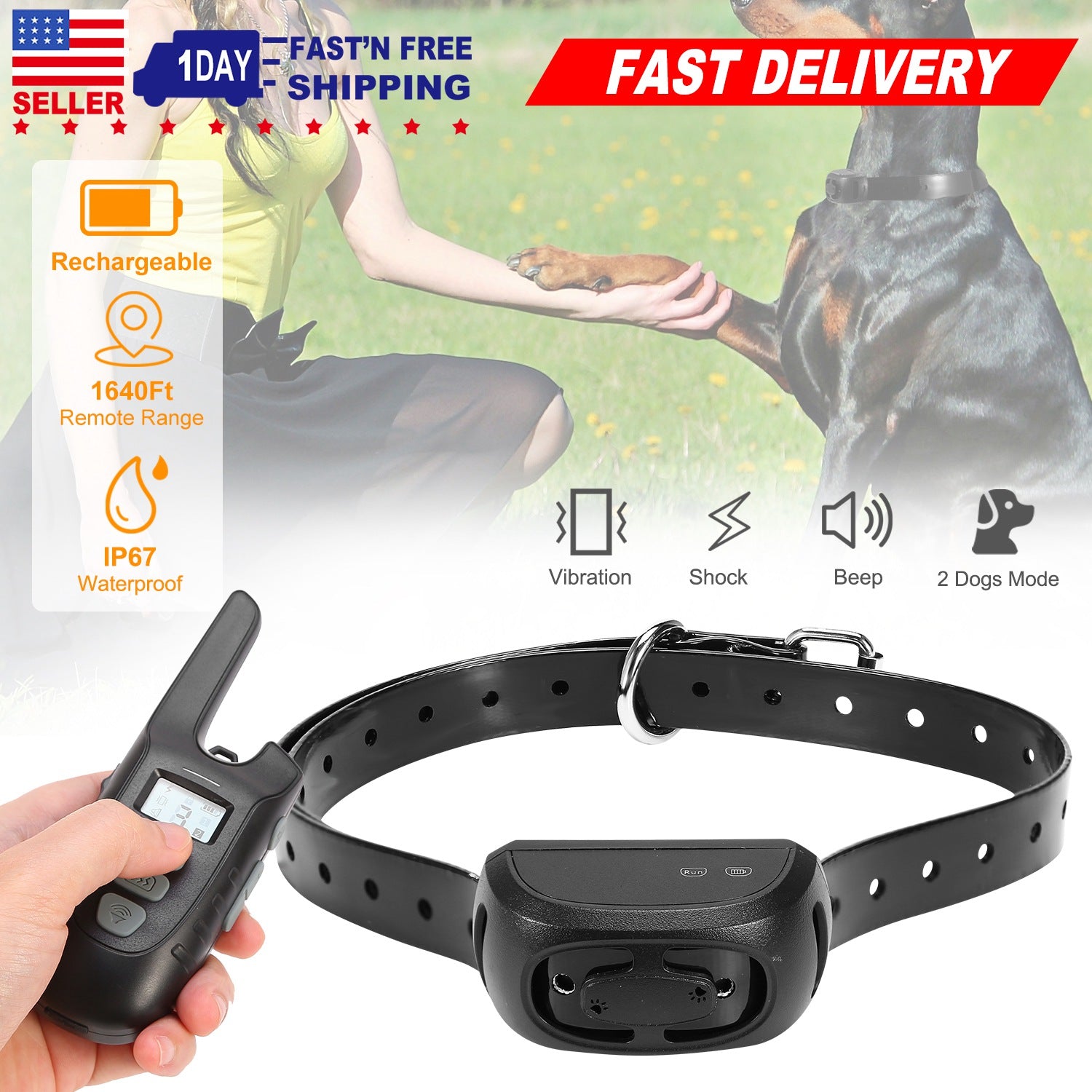 Dog Training Collar IP67 Waterproof Rechargeable Dog Shock Collar w/ 1640FT Remote Range Beep Vibration Shock 3 Training Modes
