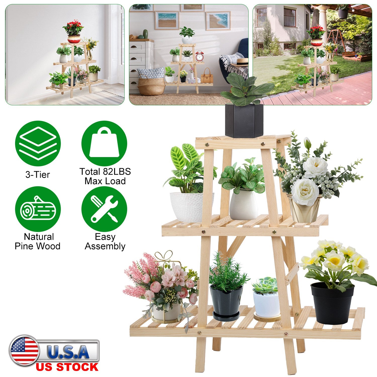 Wooden Plant Stand 3-Tier Potted Flower Shelf Multi-tier Flower Pot Rack Holder Triangle Ladder Plant Vase Display Rack 82lbs Max Load for Indoor Pati