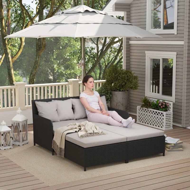 Rattan Outdoor Daybed, Sunbed Loveseat with Soft Cushions, 4 Pillows, Curved Backrest & Armrest, Light Grey