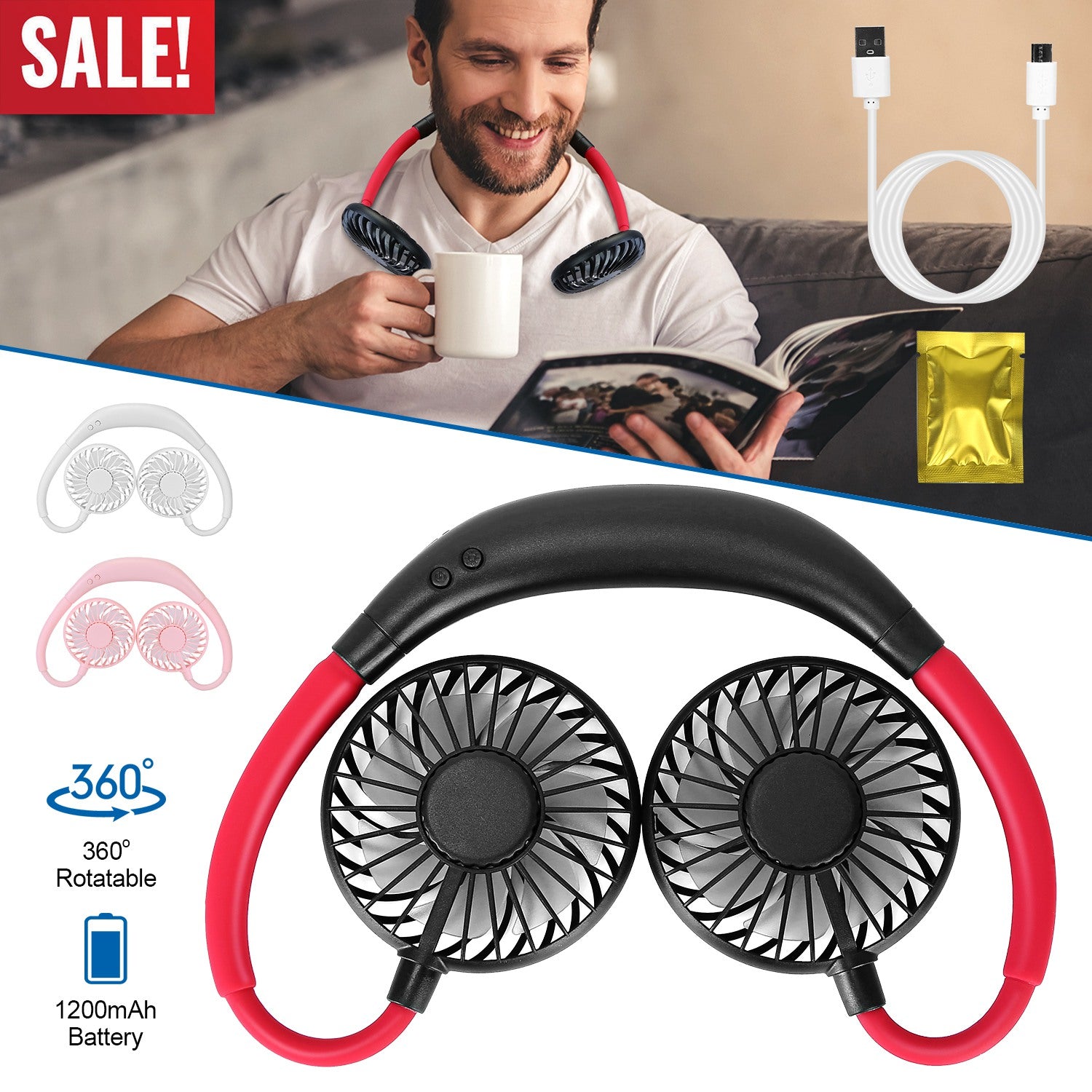 Neck Hanging Fan Hand Free Portable Aromatherapy USB Fans 360°Rotatable Rechargeable Dual Cooling Fans w/Color Changing Led