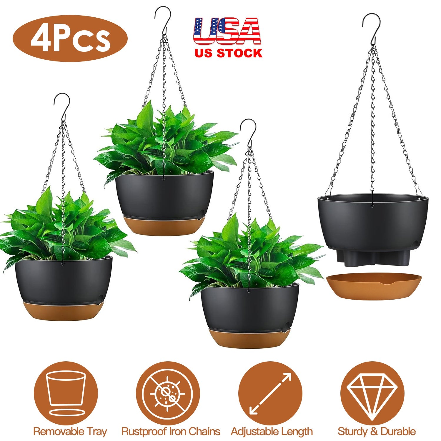 4Pcs 9.64In Diameter Hanging Planter with Drainage Holes Removable Self-Watering Tray Plastic Hanging Flower Plant Pots For Indoor Outdoor Herb Ivy Fe