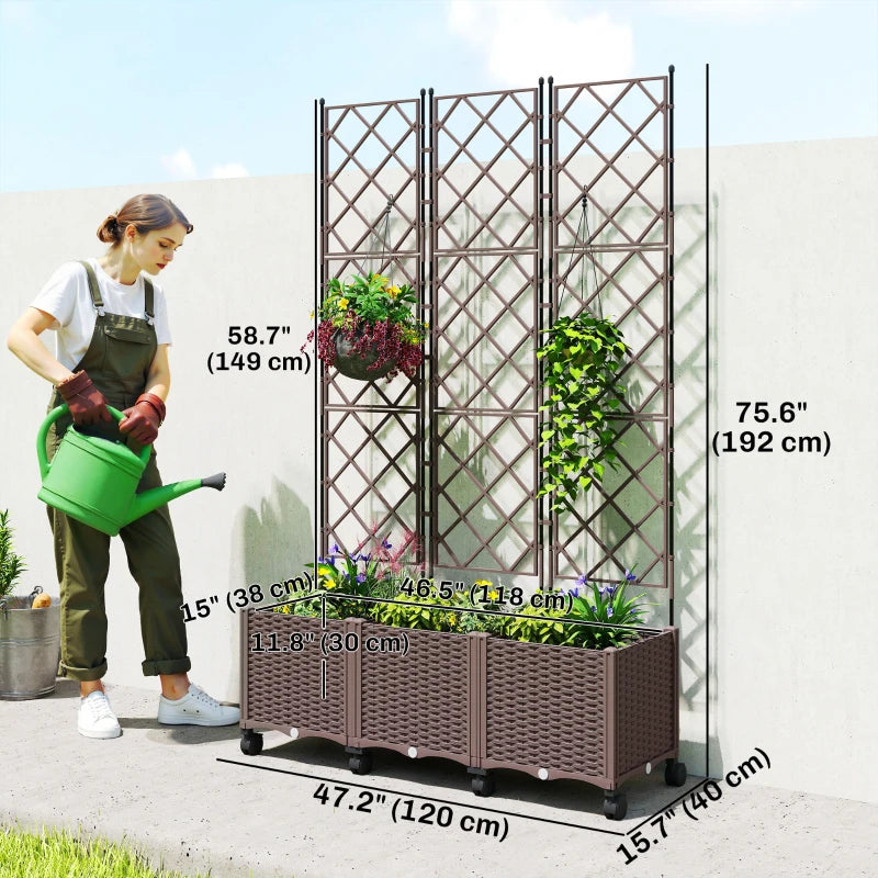 Plastic Raised Garden Bed with Trellis, Self Watering Planter Box with Wheels, Drainage Holes and Plugs