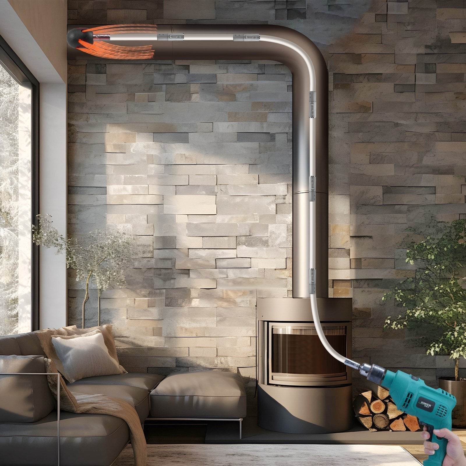 30 Feet Chimney Sweep Kit, W 9 Reinforced Nylon Flexible Rods, Ergonomic Chimney Cleaning Brush, 360-Degree Brush Chimney Cleaner, Rich Accessories For Fireplace Flue Home Use Fits Most Pipes