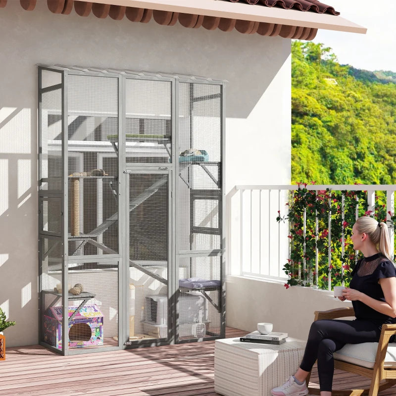 Wooden Catio Outdoor Cat Enclosure with 6 Jumping Platforms, Scratching Post, 2 Ramps, Waterproof Roof, Grey