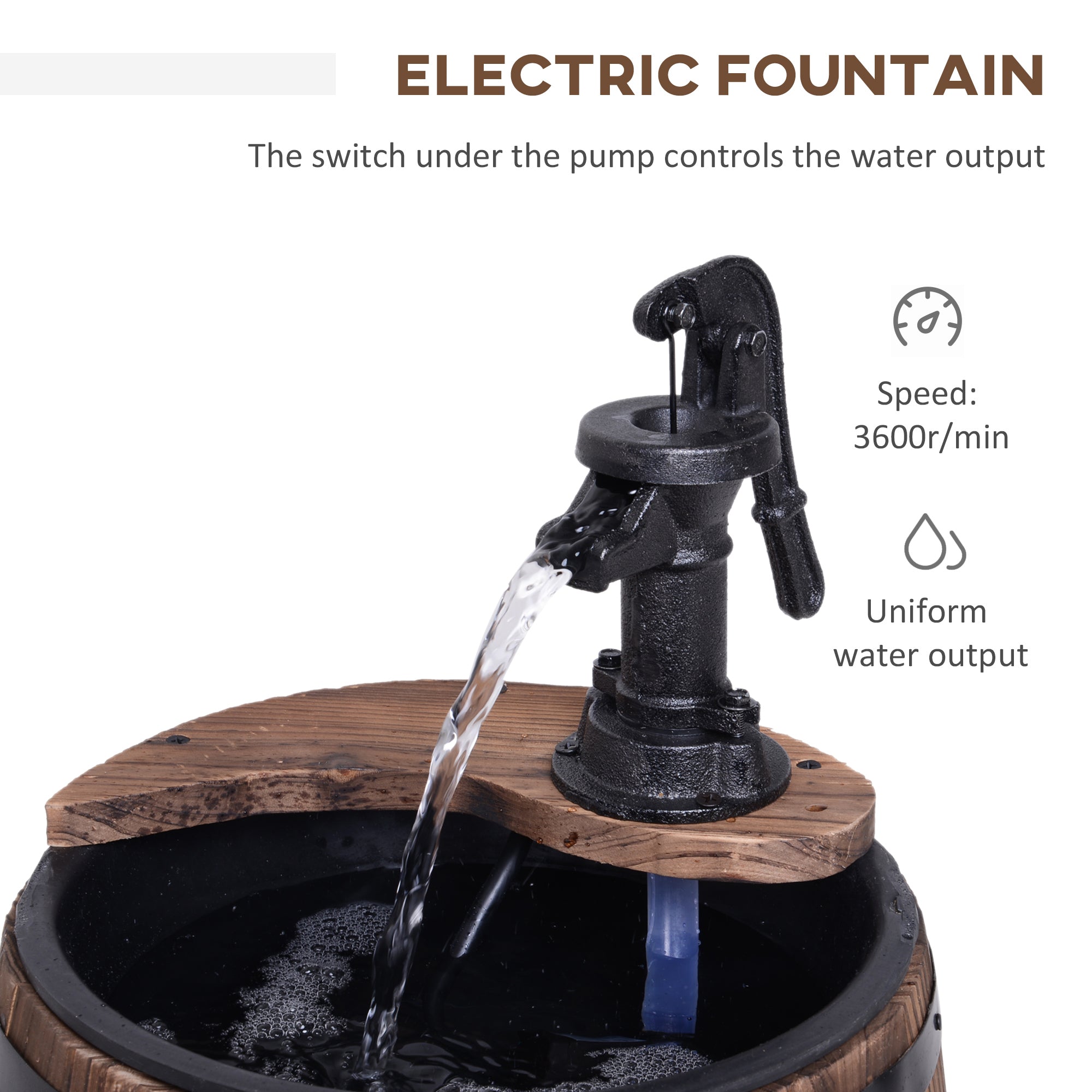Outsunny Barrel Water Fountain, Wooden Electric Outdoor Feature with Pump, Carbonized for Patio & Backyard