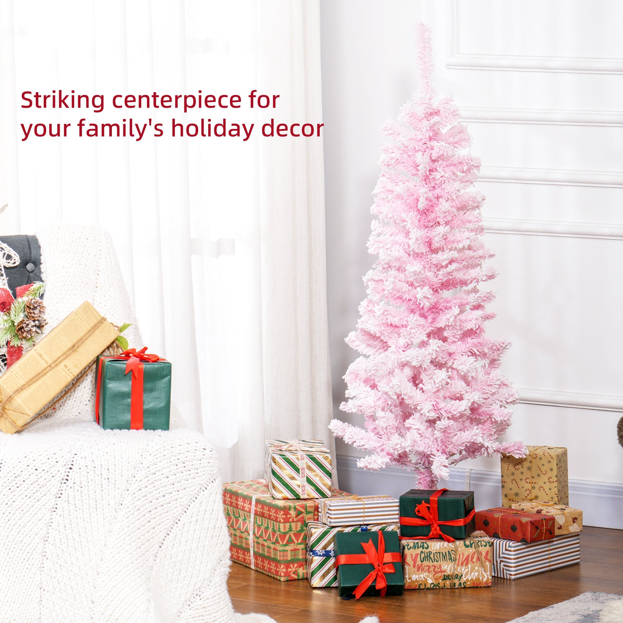 HOMCOM 4 ft Flocked Pencil Christmas Tree, Artificial Christmas Tree with Realistic Branches, Auto Open and Steel Base, Pink
