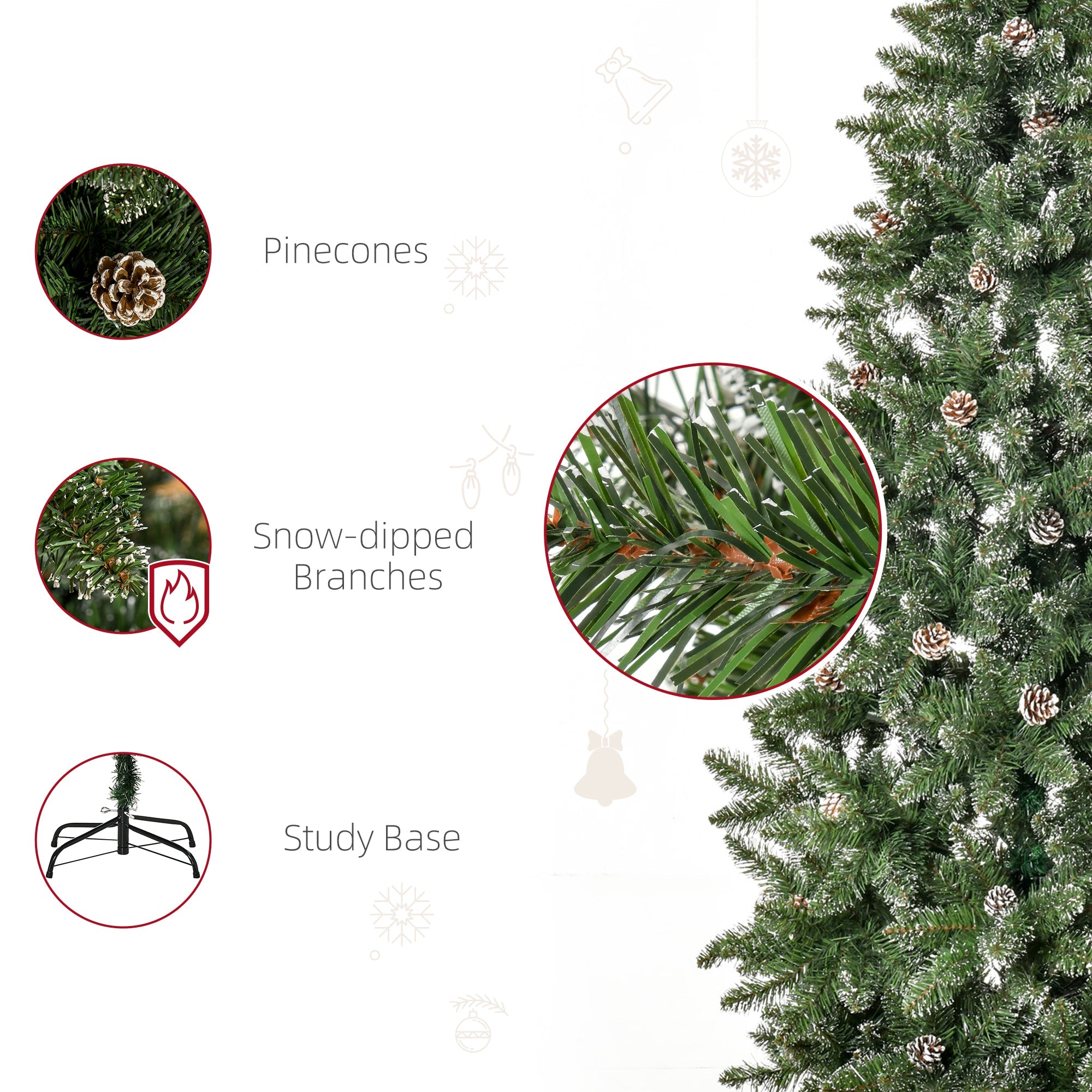 HOMCOM 7.5ft Artificial Christmas Tree, Flocked Christmas Tree with Pine Cones, 1119 Branch Tips and Metal Base, Green