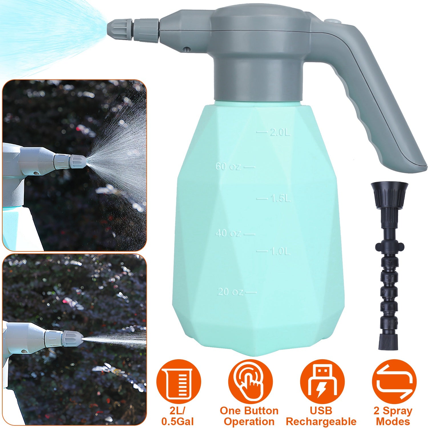 2L/0.5Gallon Electric Spray Bottle Rechargeable Handheld Automatic Plant Watering Sprayer Tank 360 Degrees Adjustable Spout