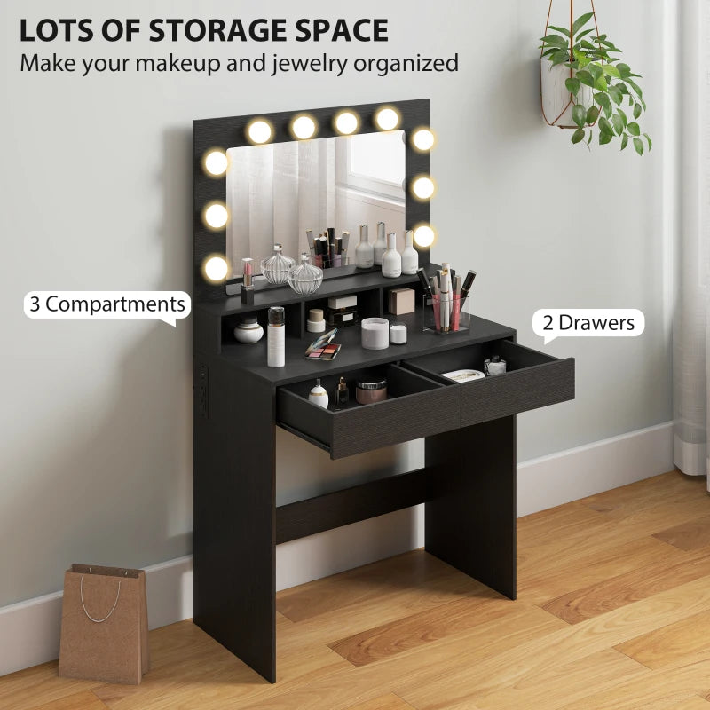 Vanity Table, Makeup Dressing Table with LED Lighting Mirror, Charging Station and Drawers for Bedroom, Black