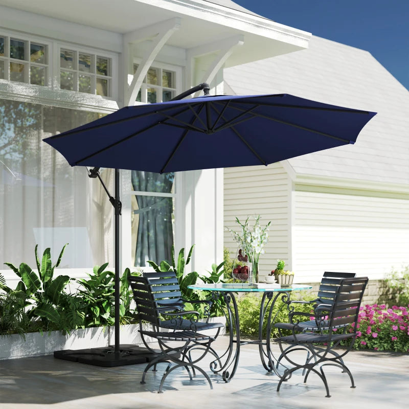 9.6ft Offset Patio Umbrella Garden Hanging Parasol Banana Cantilever Umbrella with Base, Crank, Navy Blue
