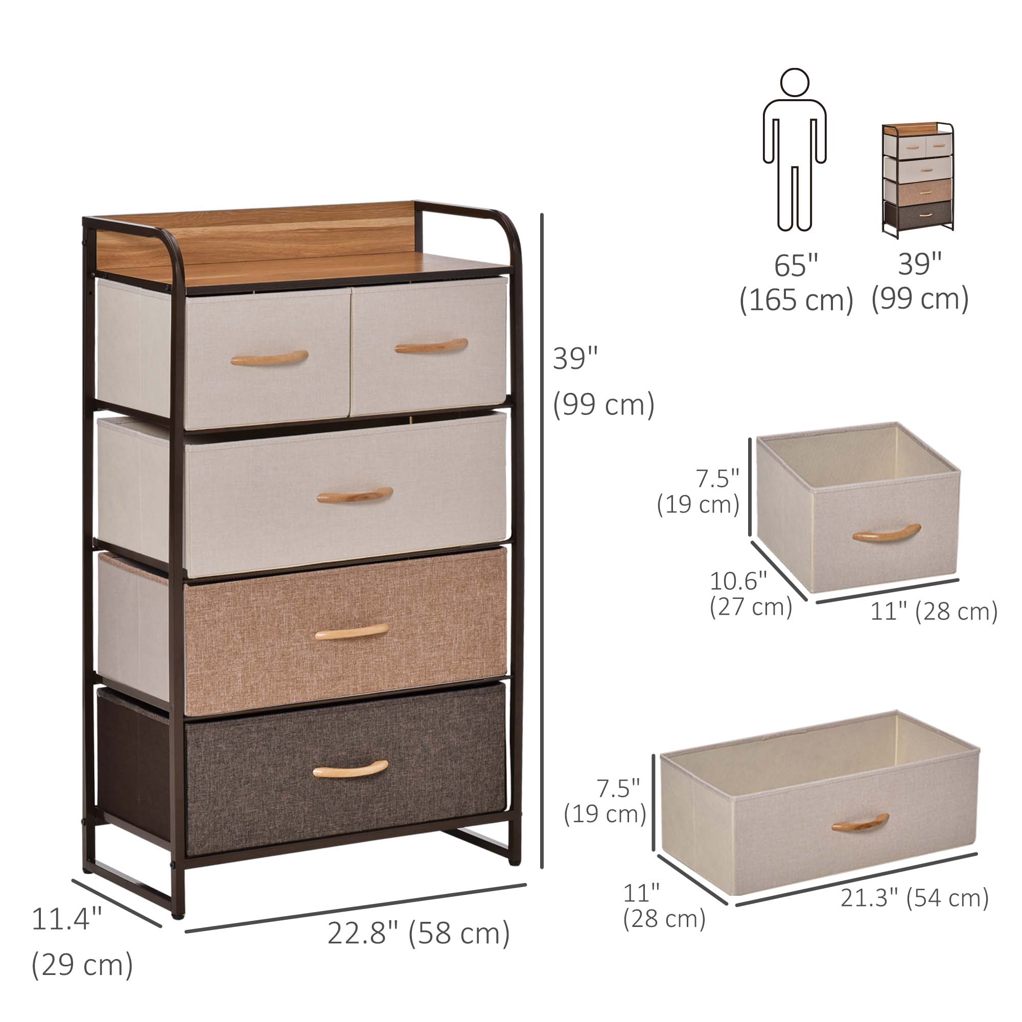 HOMCOM Dresser for Bedroom with 5 Drawers, Chest of Drawers with Metal Frame, Fabric Dresser for Living Room, Multi-Coloured